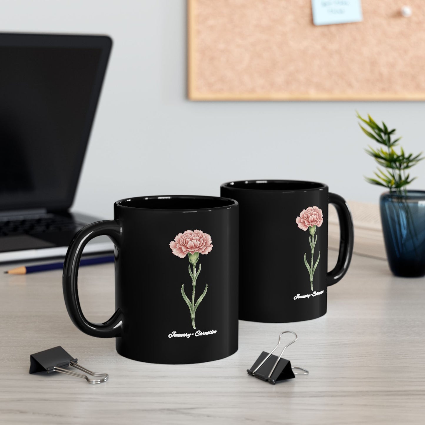 January Carnation Birth Flower Black Mug – Customizable (11oz & 15oz) - 14670