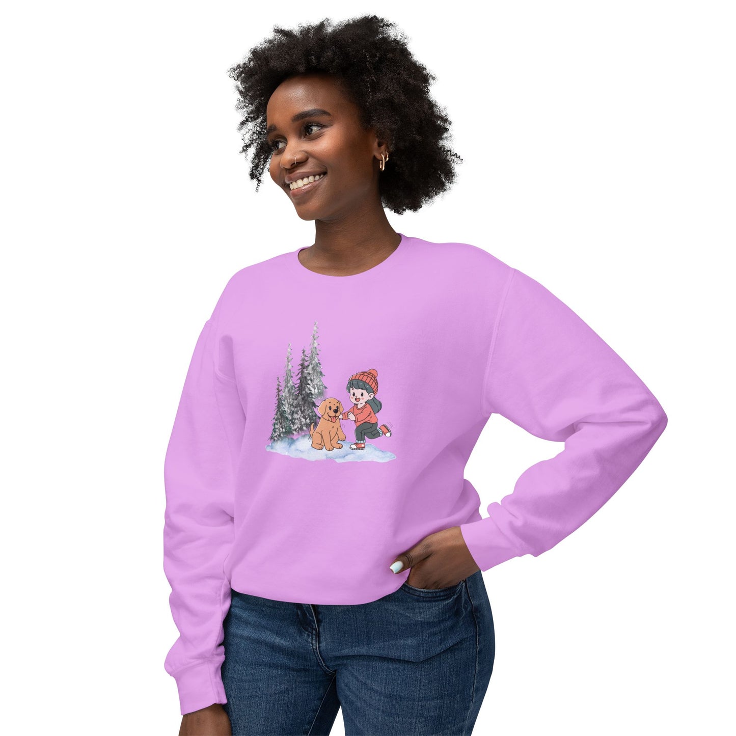 Winter Trees, Girl & Doggy - Unisex Lightweight Crewneck Sweatshirt - 10262