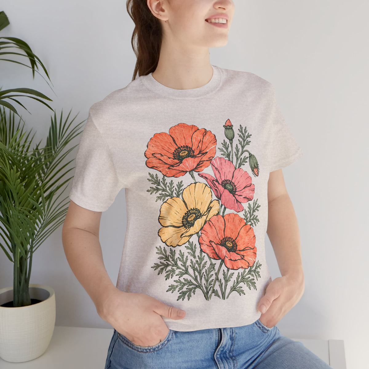 Floral Poppies T-Shirt, Vintage Wildflower Graphic Tee - 14988