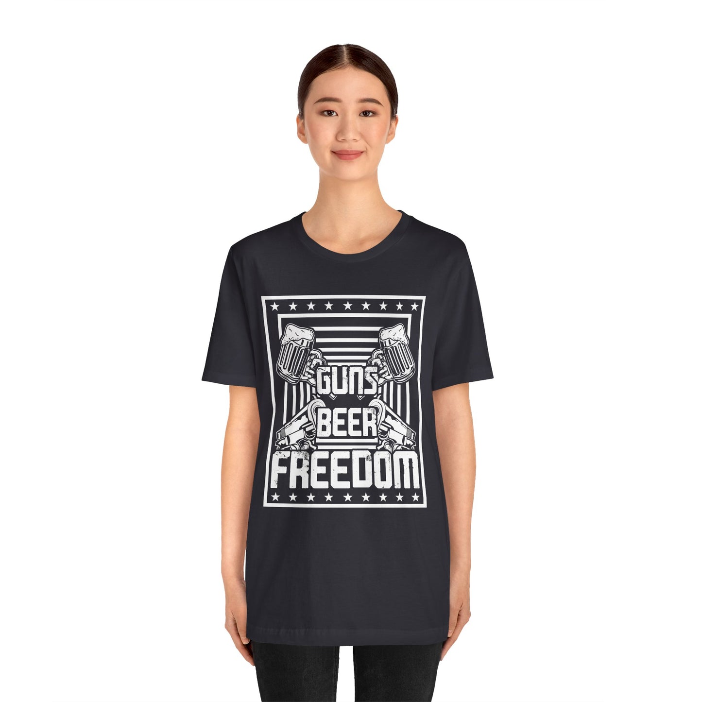 4th of July, Guns Beer Freedom Unisex Tee, Casual Shirt, Patriotic Apparel, Gift for Him, Party Tee, Everyday Wear - 13598