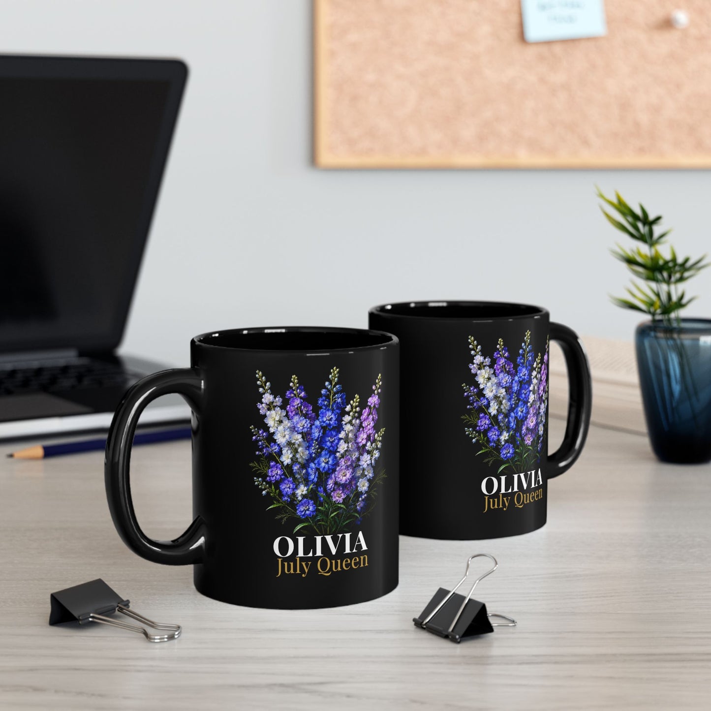 Personalized July Birth Flower Mug – Custom Name Larkspur Floral Coffee Cup, July Queen Gift for Her, Black Mug 11oz 15oz - 14907