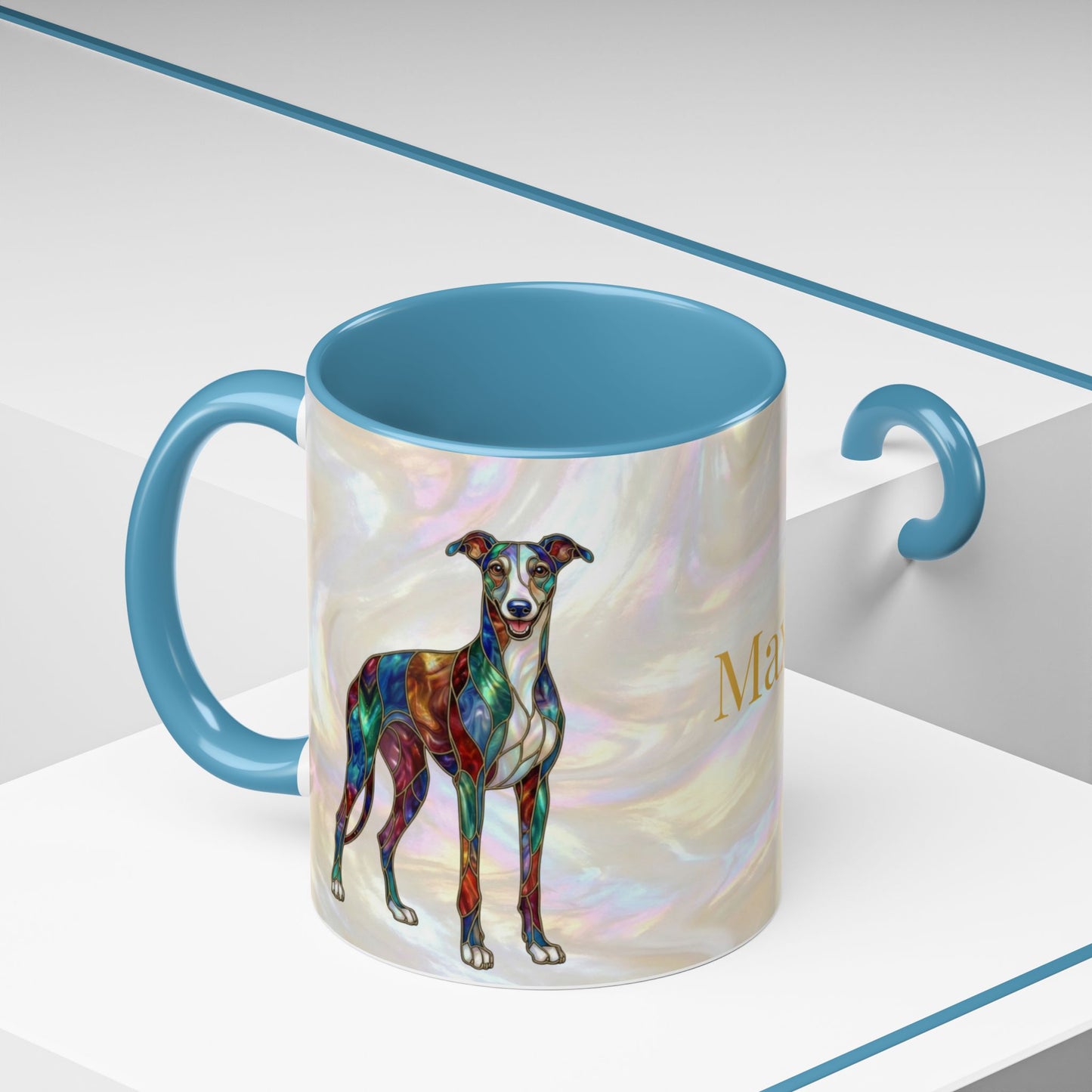 Personalized Greyhound Coffee Mug – Stained Glass Dog Accent Mug (Name Customizable)  - 14523
