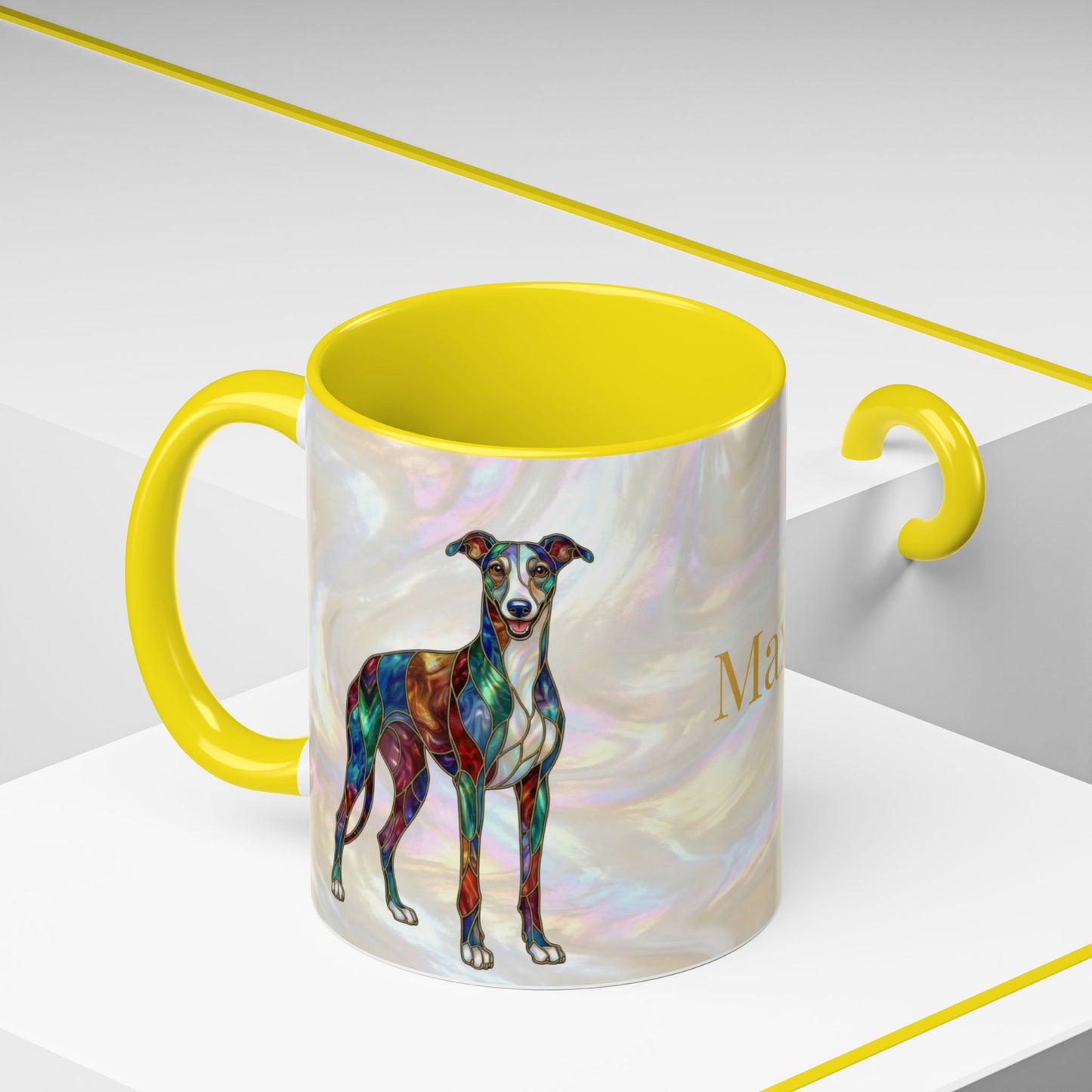 Personalized Greyhound Coffee Mug – Stained Glass Dog Accent Mug (Name Customizable)  - 14523