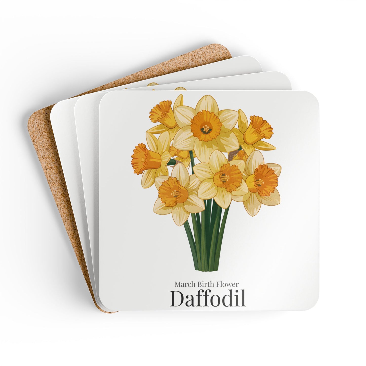 March Birth Flower Daffodil Coaster Set – Personalized Name Cork Gift for March Birthday - 14695