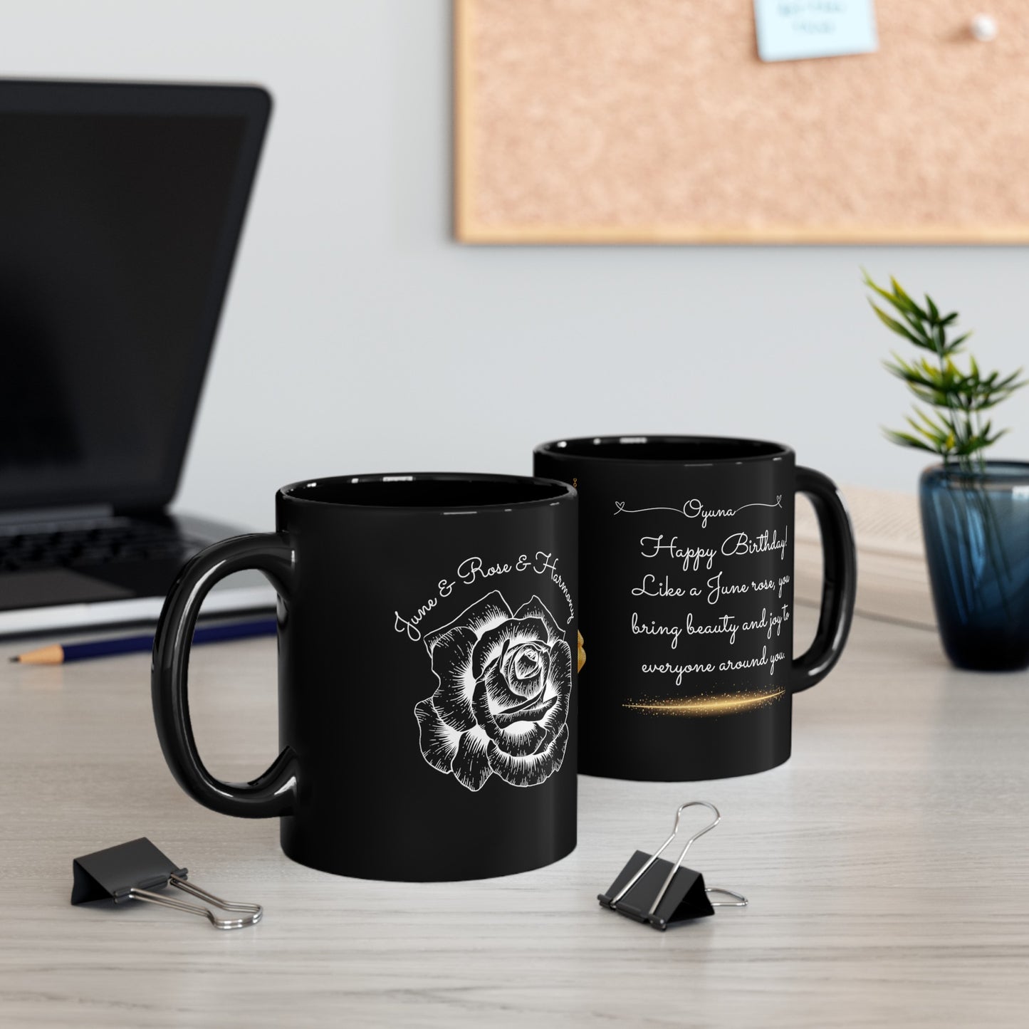 Happy Birthday, June, Rose, Customized Ceramic Black Mug (11oz, 15oz)