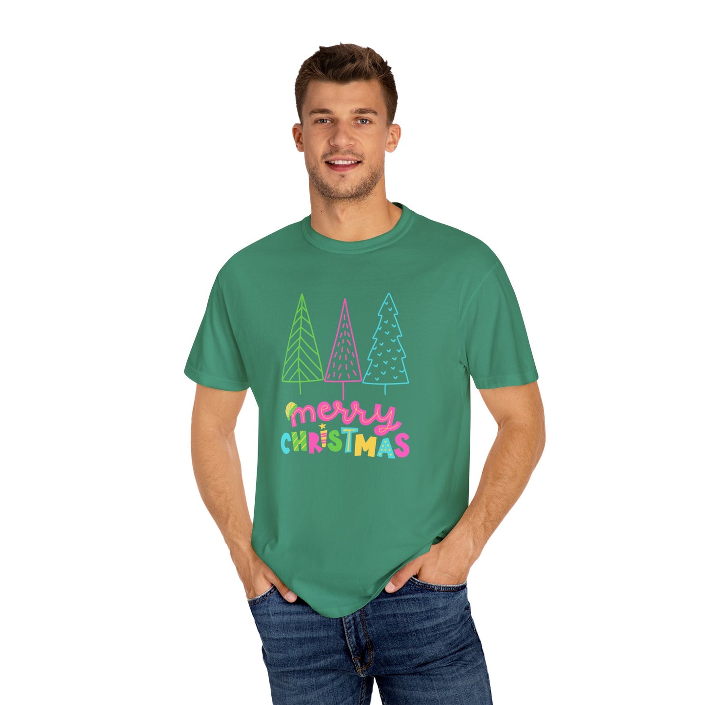 Trees, Merry Christmas - Unisex Garment-Dyed T-shirt - 10535