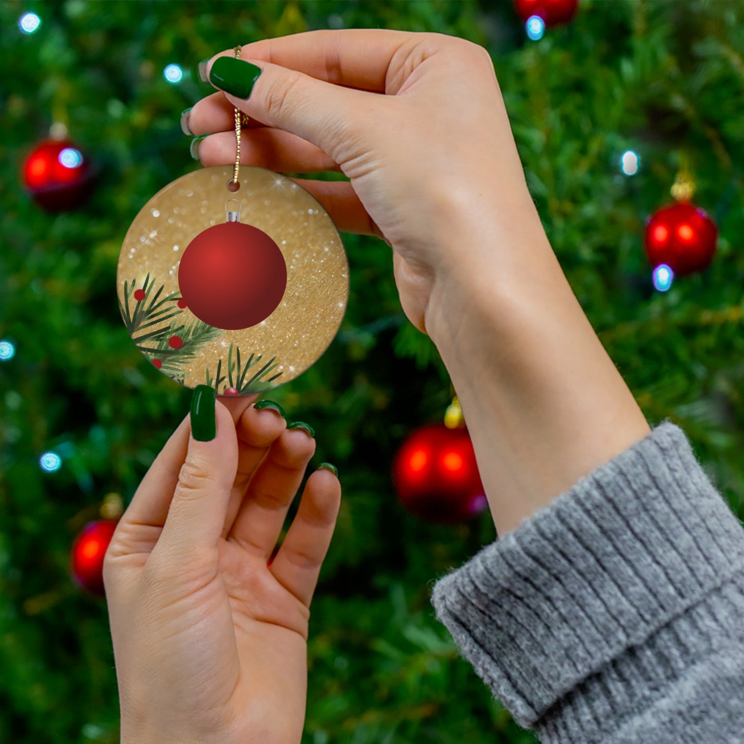 Festive Red Glow - Ceramic Ornament, 4 Shapes