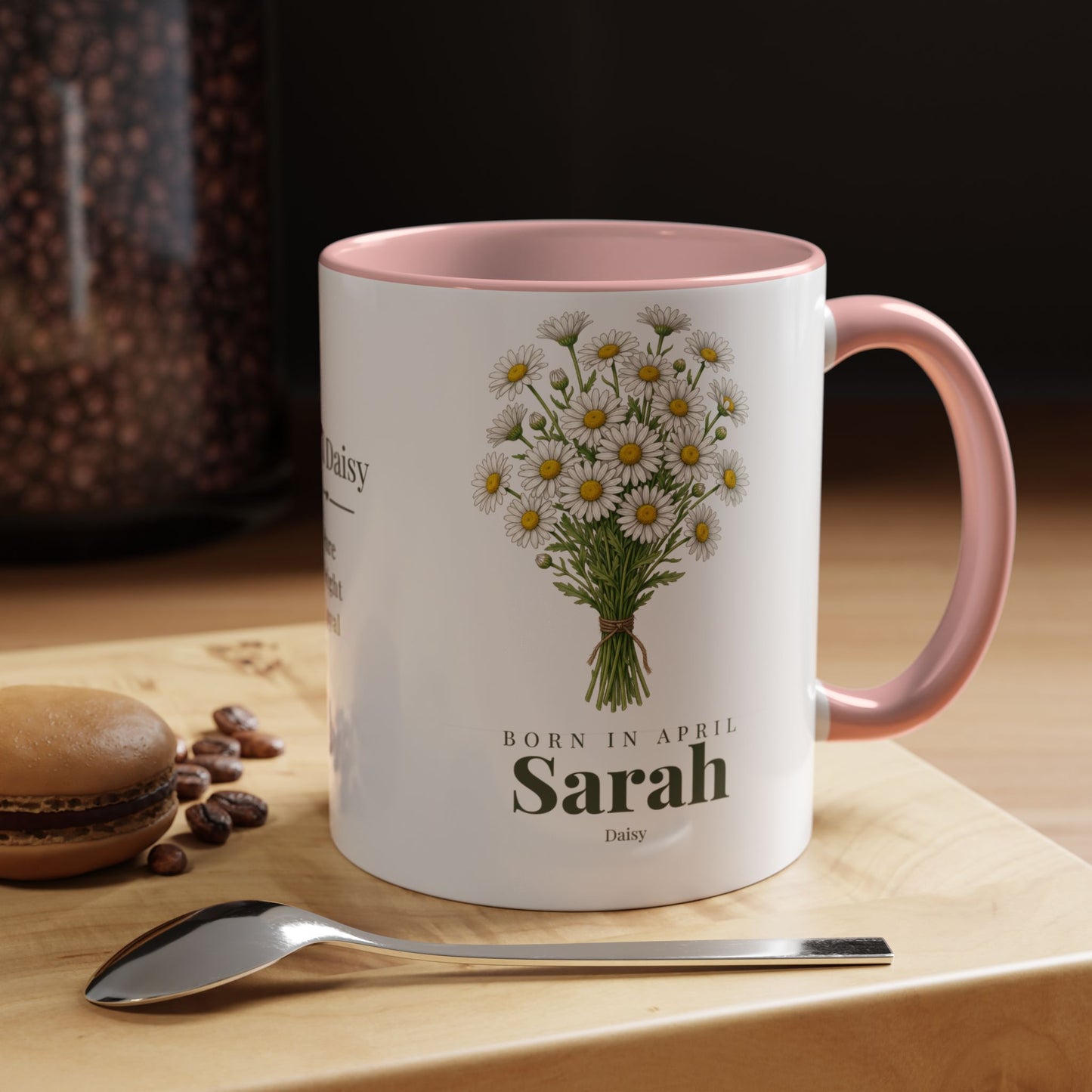 Personalized April Daisy Birth Flower Mug – Custom Name Floral Accent Coffee Cup, April Birthday Gift (11oz, 15oz) - 14833