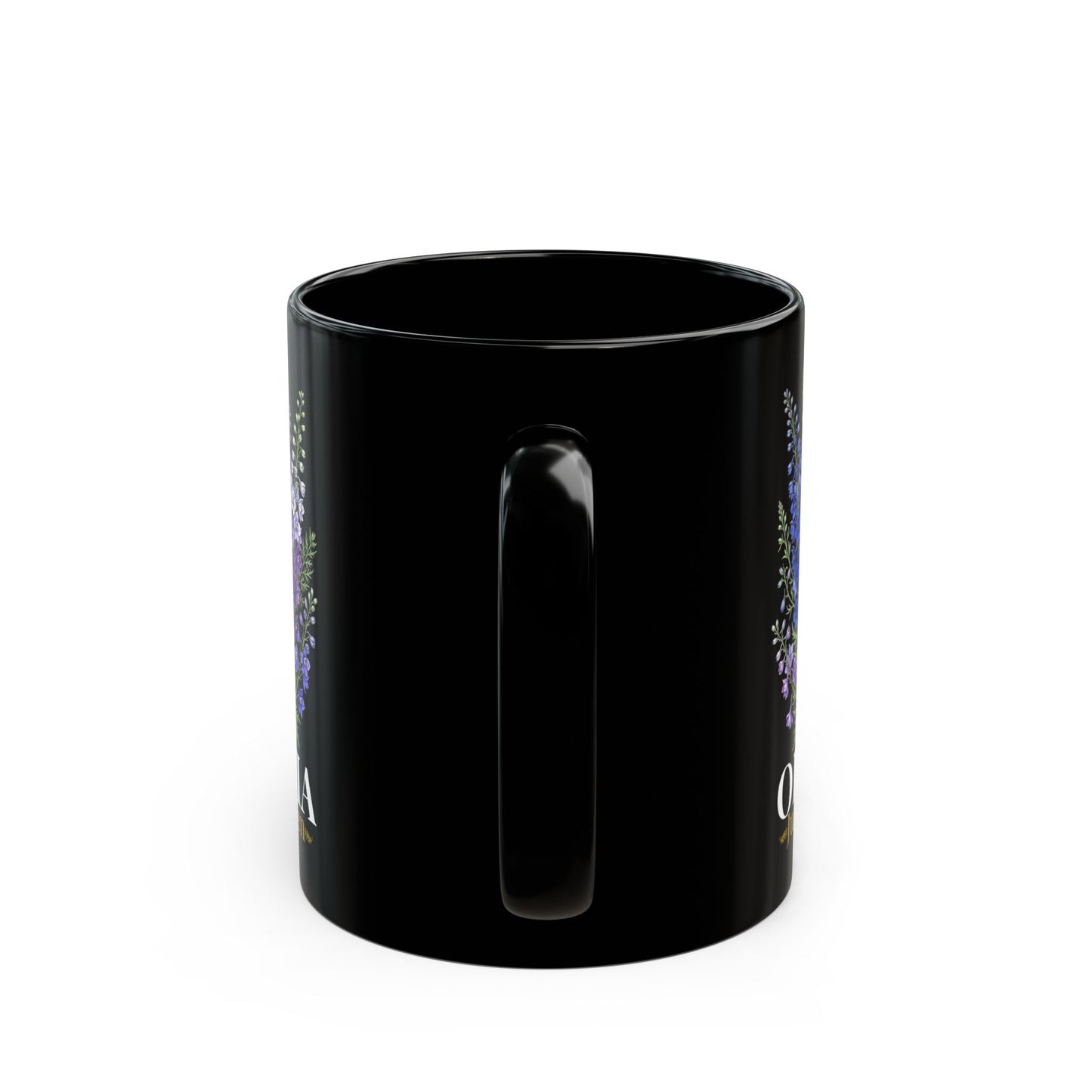 Personalized July Birth Flower Mug – Custom Name Larkspur Floral Coffee Cup, July Queen Gift for Her, Black Mug 11oz 15oz - 14905