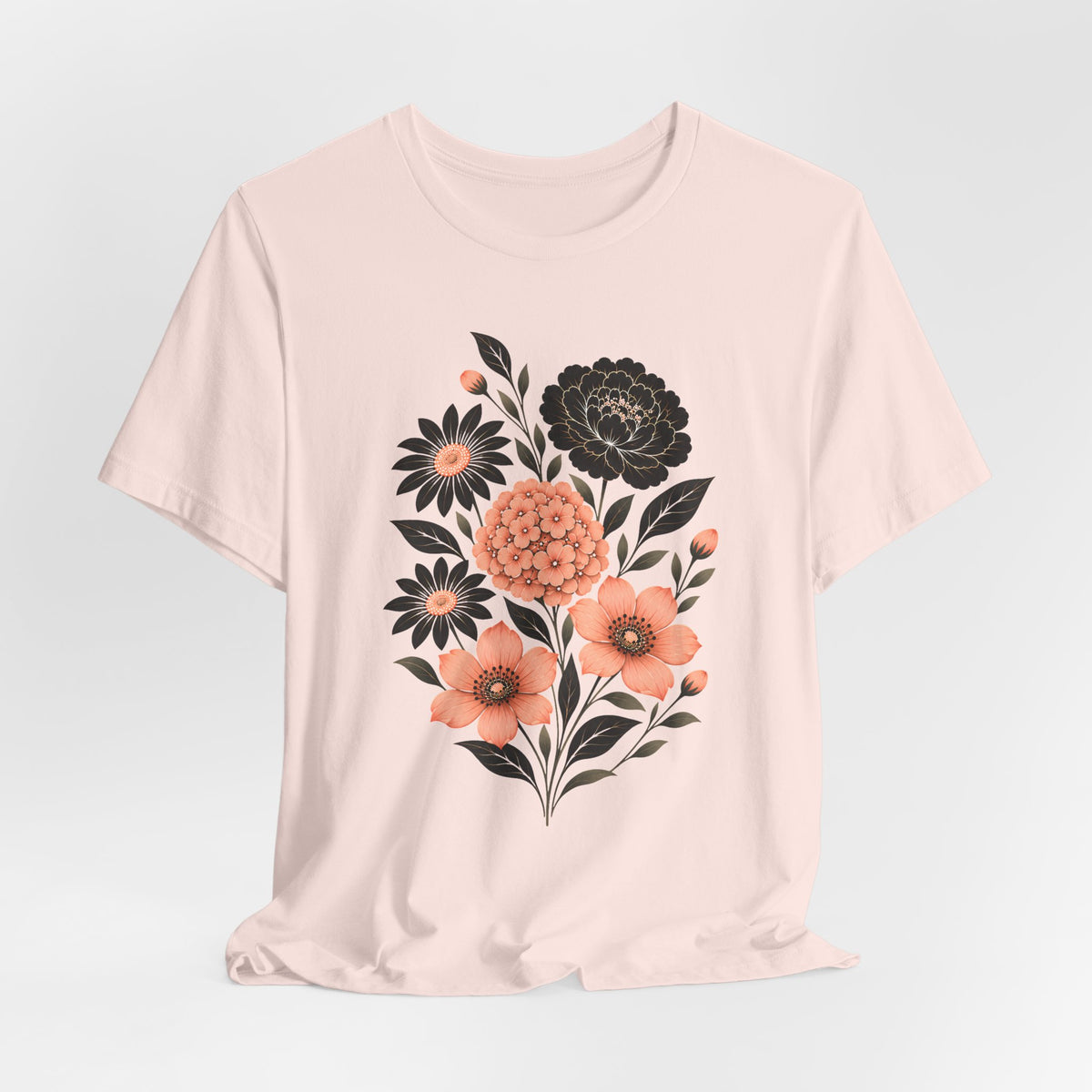 Floral Bouquet T-Shirt, Peach & Black Garden Flower Tee - 14502