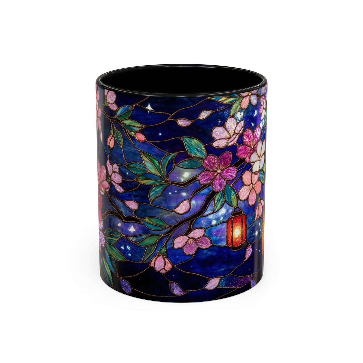 Cherry Blossom Lantern Coffee Mug — Floral Night Sky, Stained Glass Design (11/15 oz) - 14533