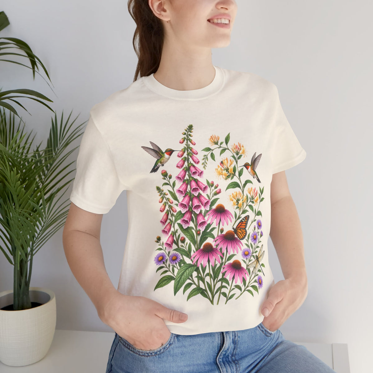 Floral Hummingbird Garden T-Shirt, Wildflower & Butterfly Botanical Tee - 14547