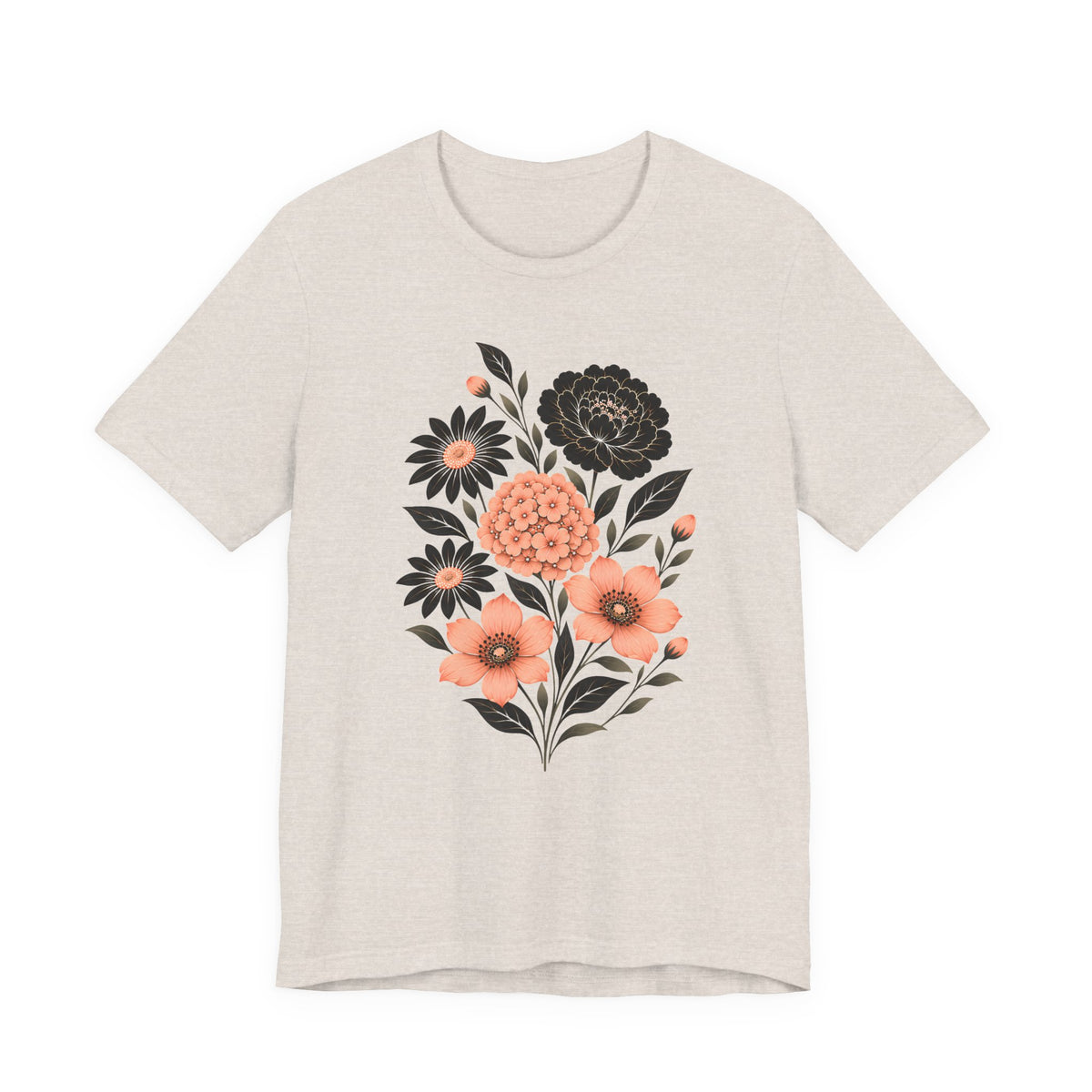 Floral Bouquet T-Shirt, Peach & Black Garden Flower Tee - 14502