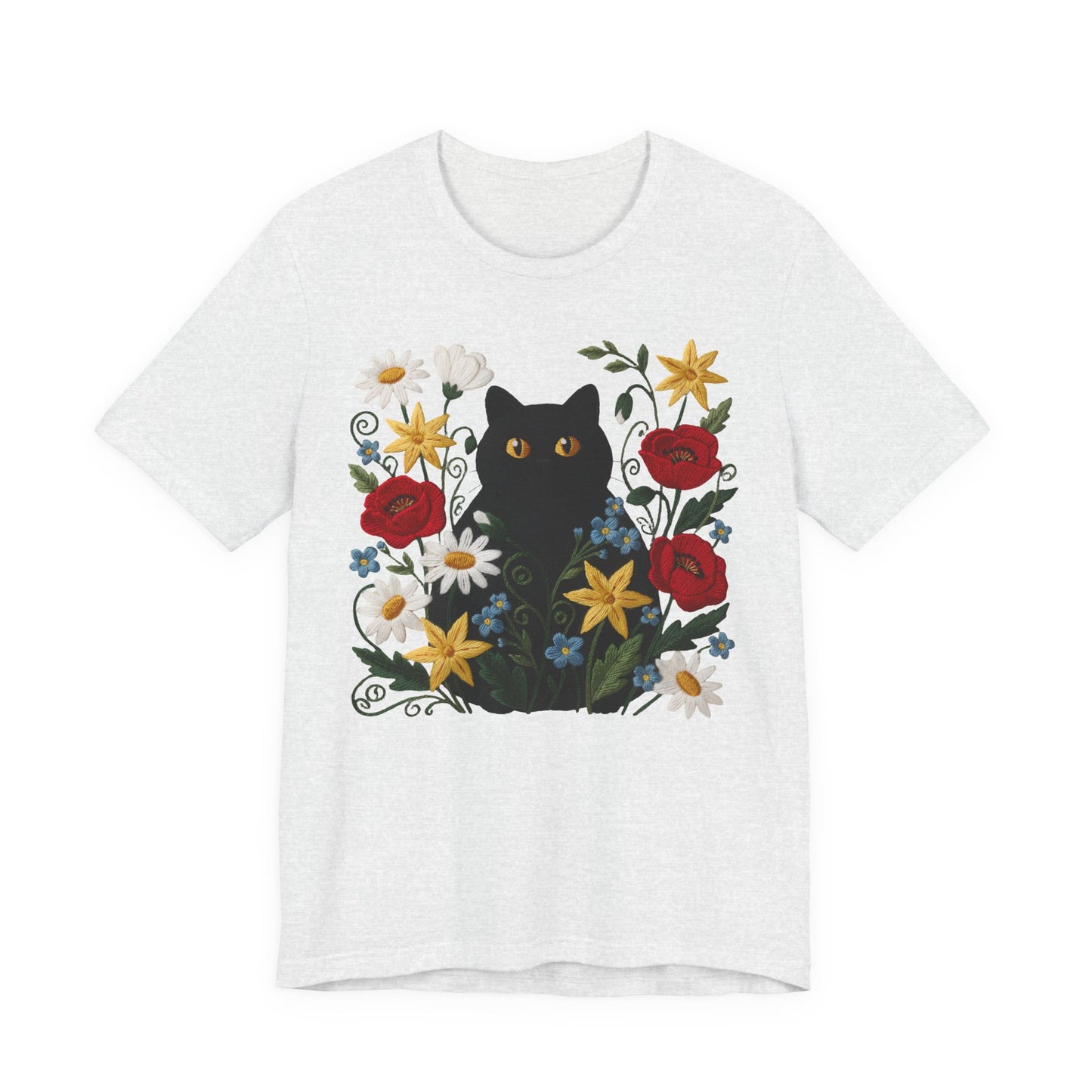 Black Cat in Wildflowers T-Shirt — Floral Cat Tee for Cat Lovers - 14921