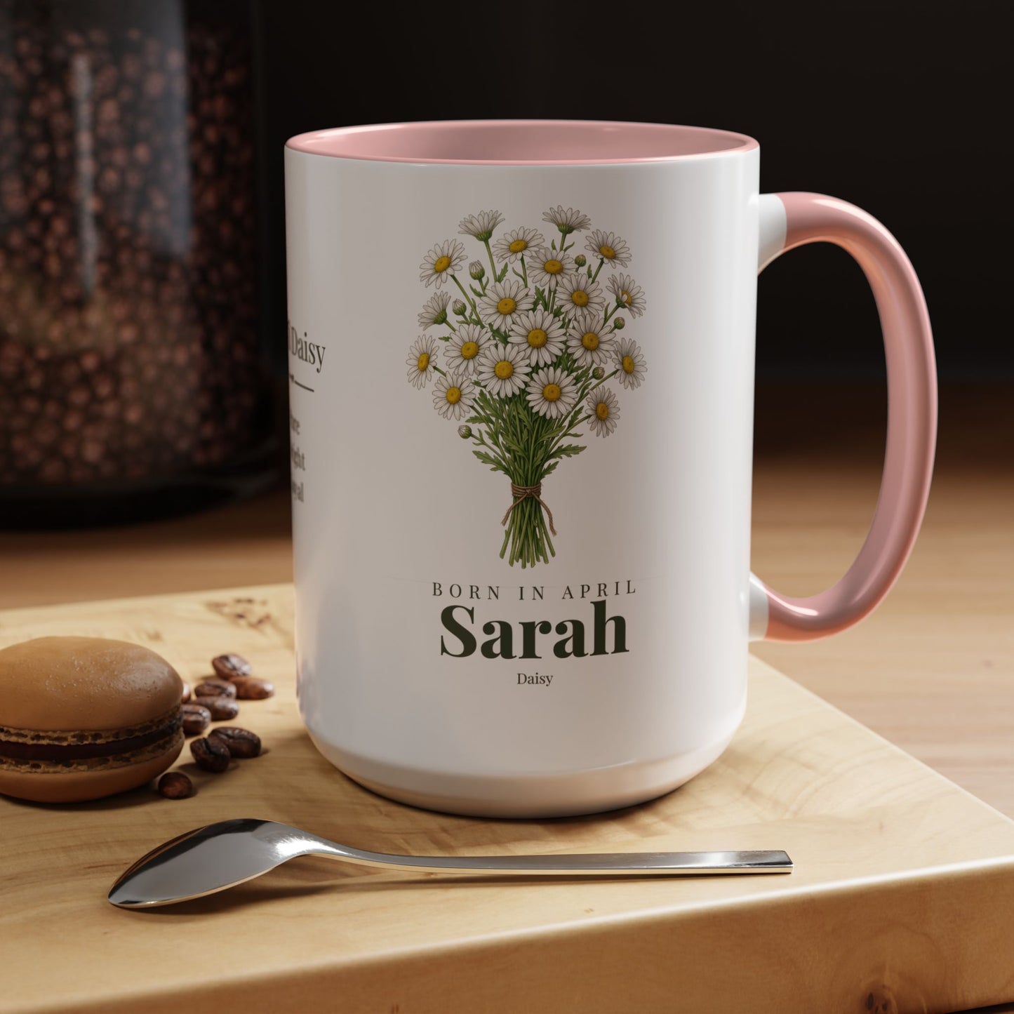 Personalized April Daisy Birth Flower Mug – Custom Name Floral Accent Coffee Cup, April Birthday Gift (11oz, 15oz) - 14833