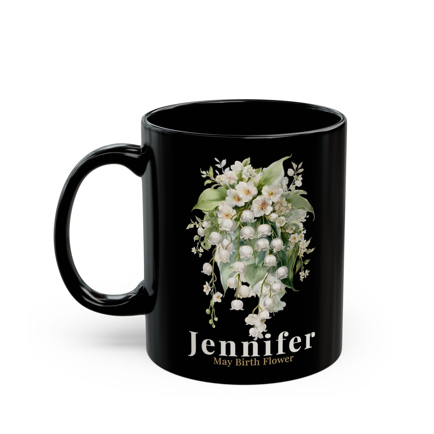 Custom Name May Birth Flower Mug – Lily of the Valley Personalized 15oz Black Mug Gift for Her - 14885