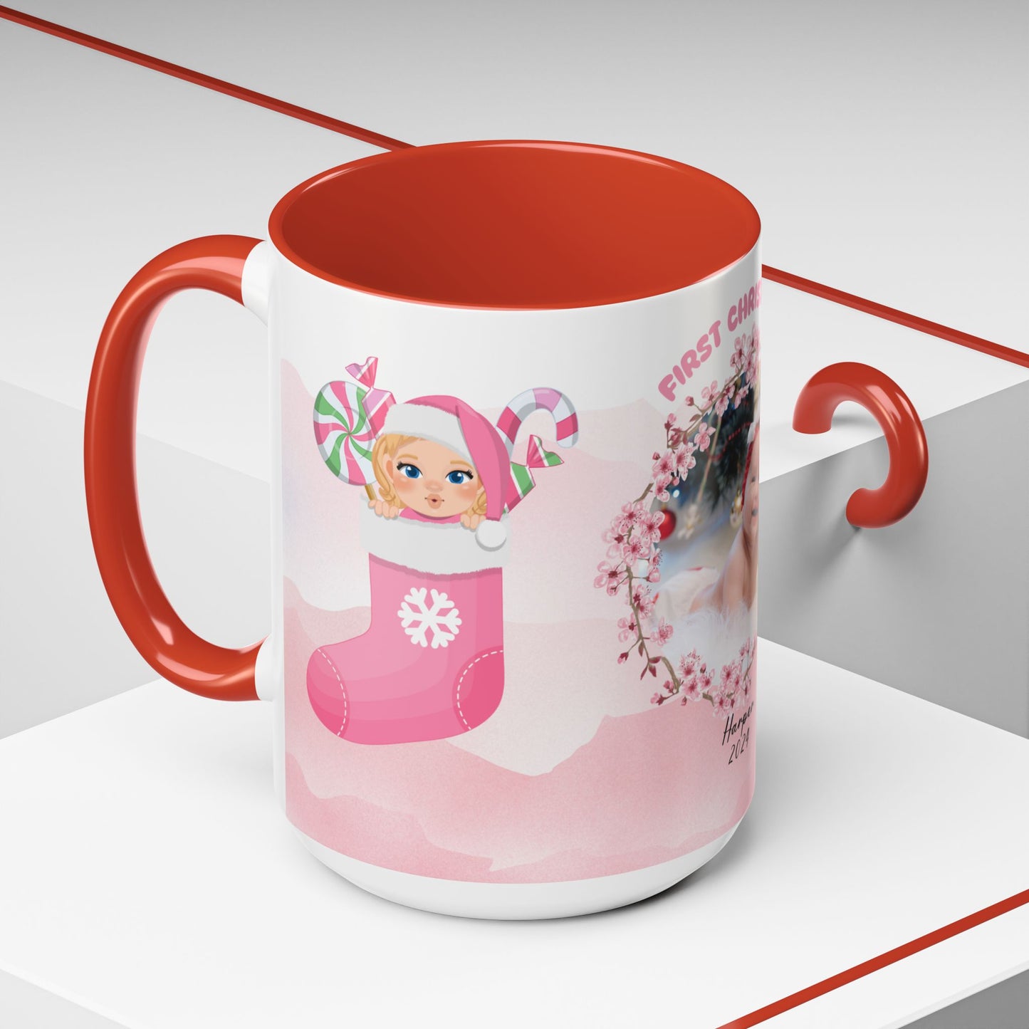 First Christmas, Baby Girl, Customizable - Accent Coffee Mug (11, 15oz) - 10074