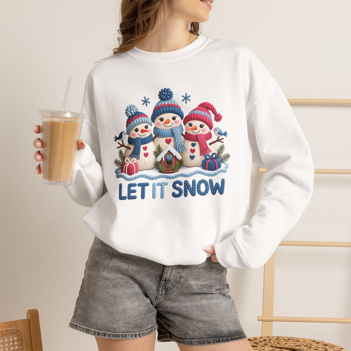 Let It Snow Sweatshirt, Cute Knitted Snowmen Christmas Crewneck - 14570