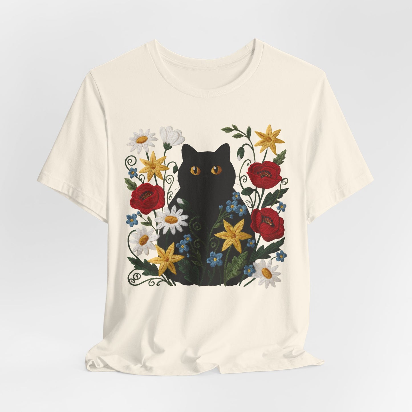 Black Cat in Wildflowers T-Shirt — Floral Cat Tee for Cat Lovers - 14921