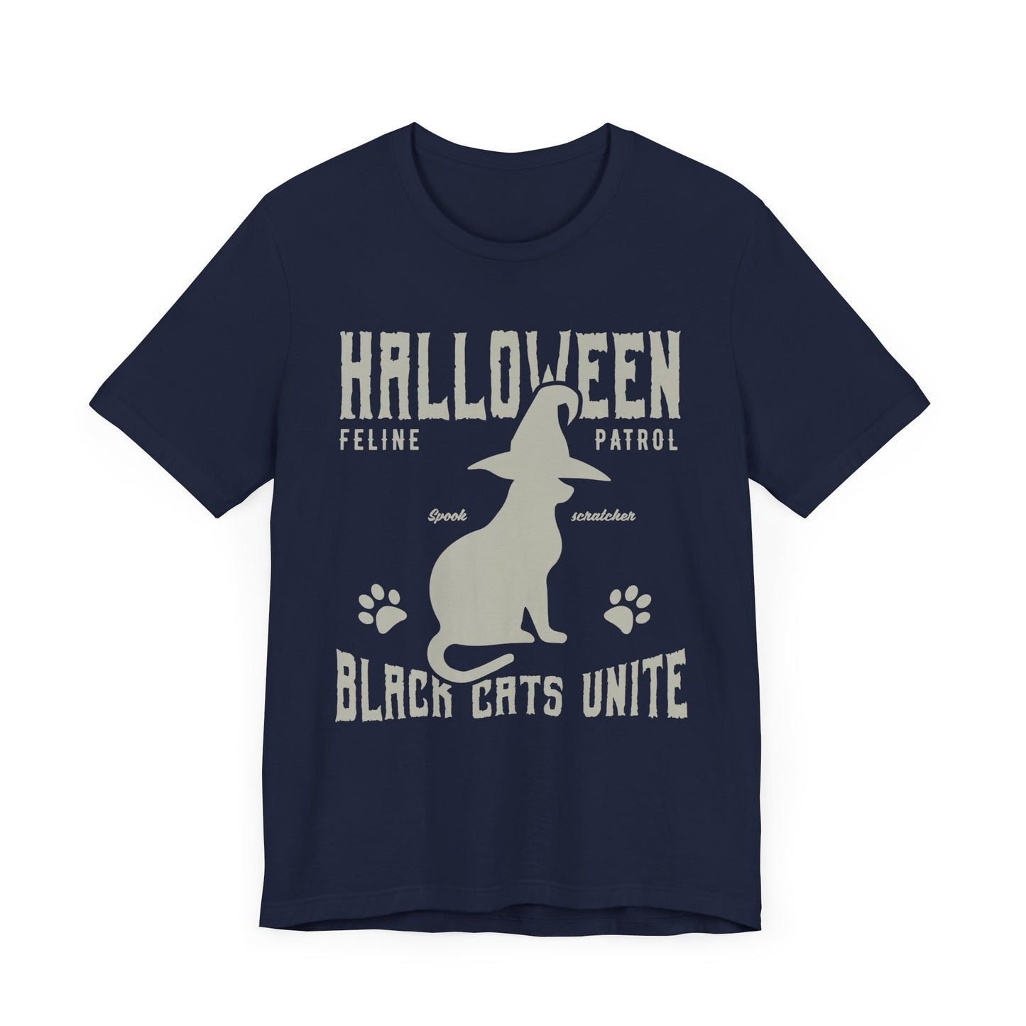 Halloween Feline Patrol, Spook Scratcher, Black Cats Unite  - Unisex Jersey Short Sleeve Tee - 12928