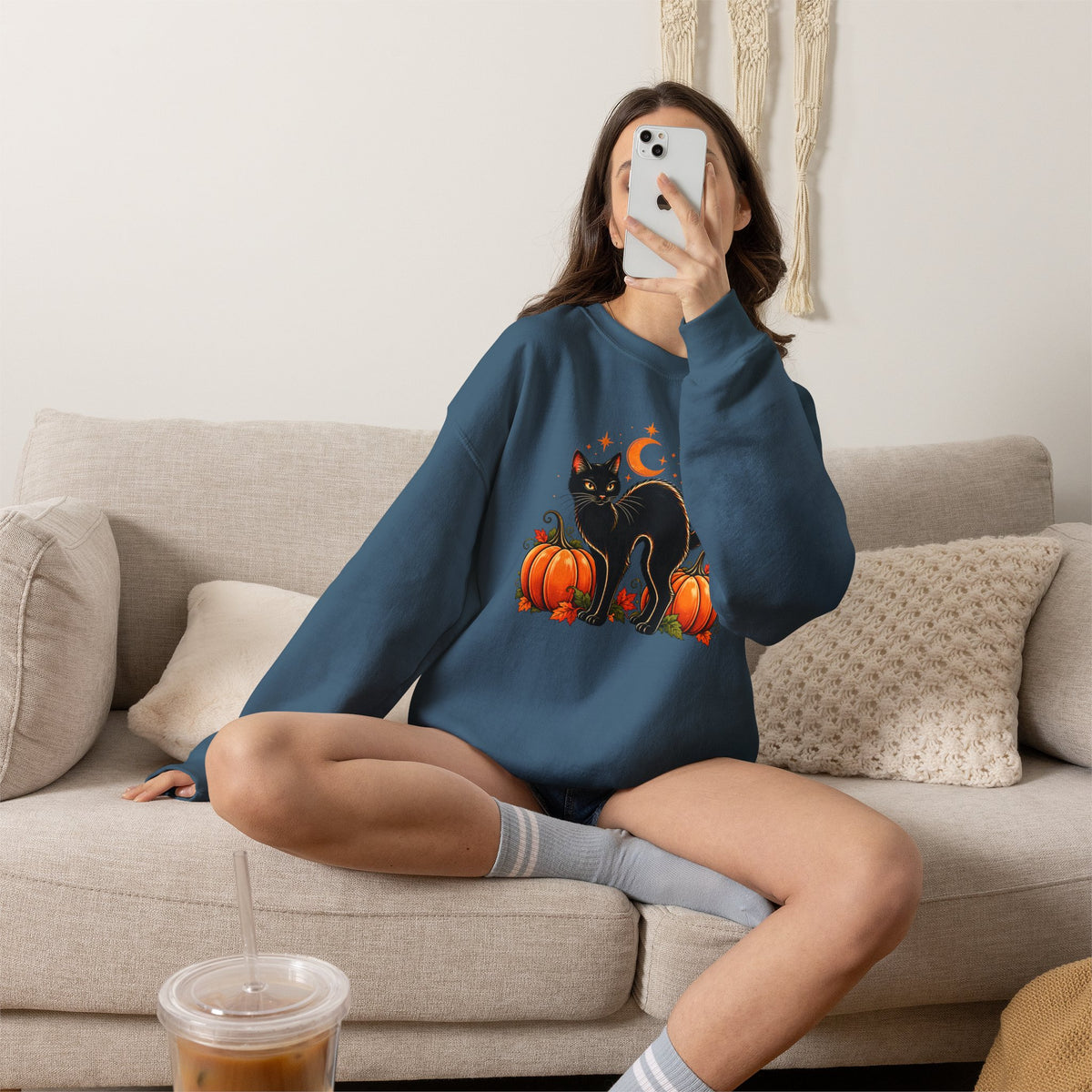 Halloween Black Cat & Pumpkins Sweatshirt, Vintage Autumn Crewneck - 14521