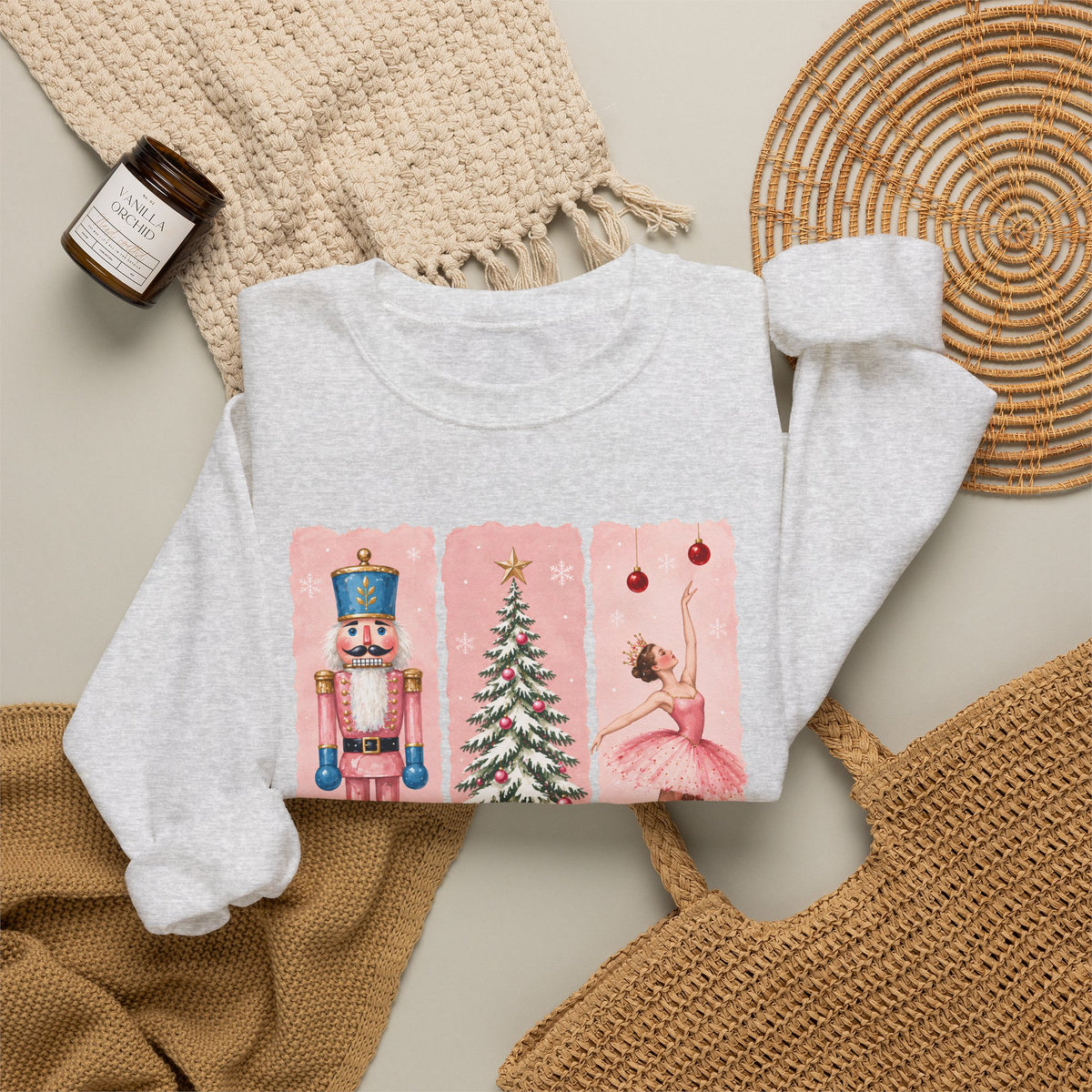 Christmas Nutcracker & Ballerina Sweatshirt, Vintage Pink Holiday Crewneck - 14568
