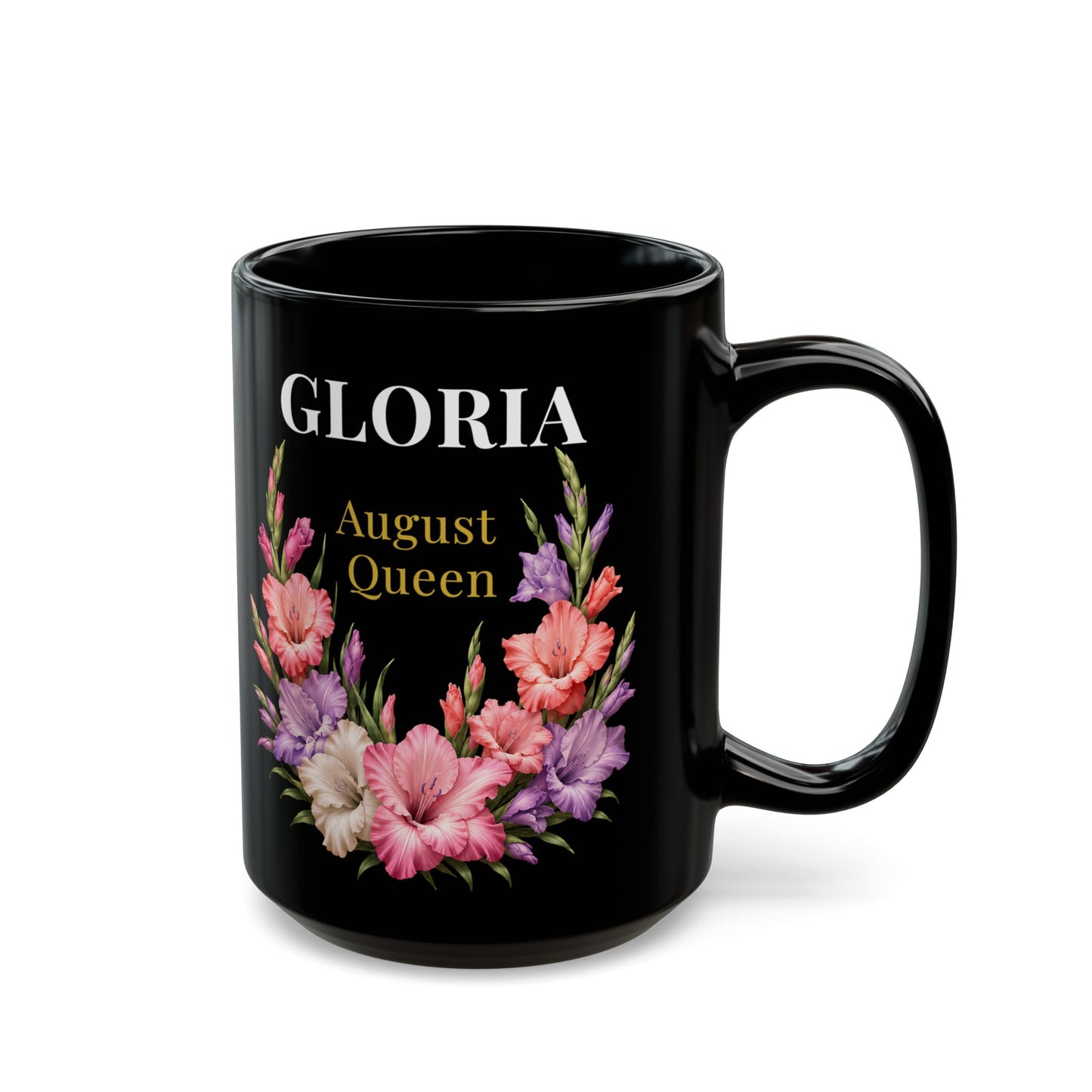 Personalized August Queen Floral Black Mug — Custom Name Birthday Gift (11oz/15oz) - 14916