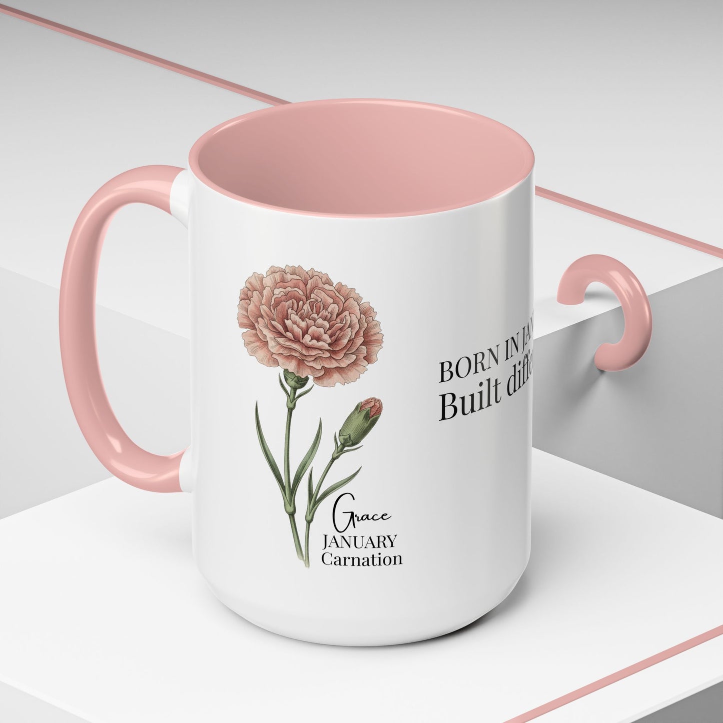 January Carnation Birth Flower Accent Coffee Mug – Customizable (11oz / 15oz) - 14671