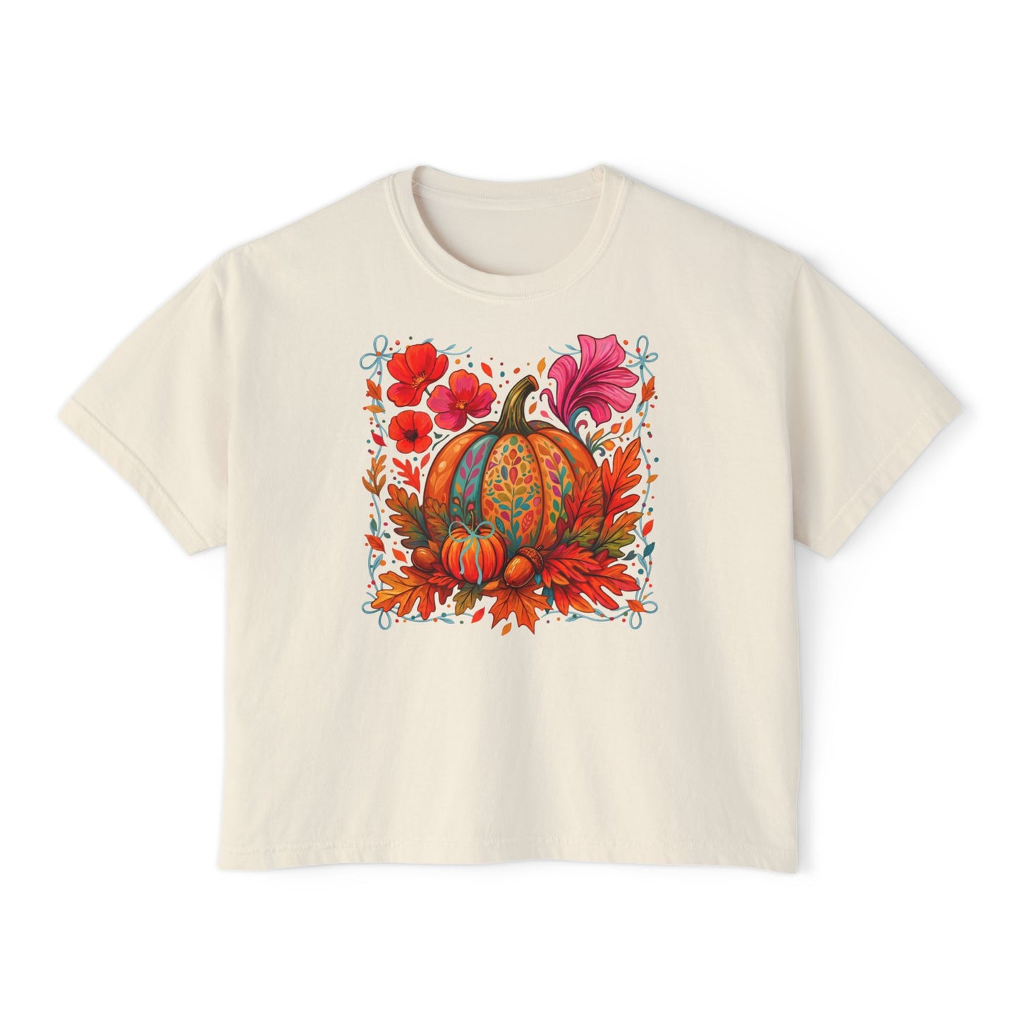 Autumn Pumpkin Floral Boxy T-Shirt,  Women’s Fall Harvest Graphic Tee - 14929