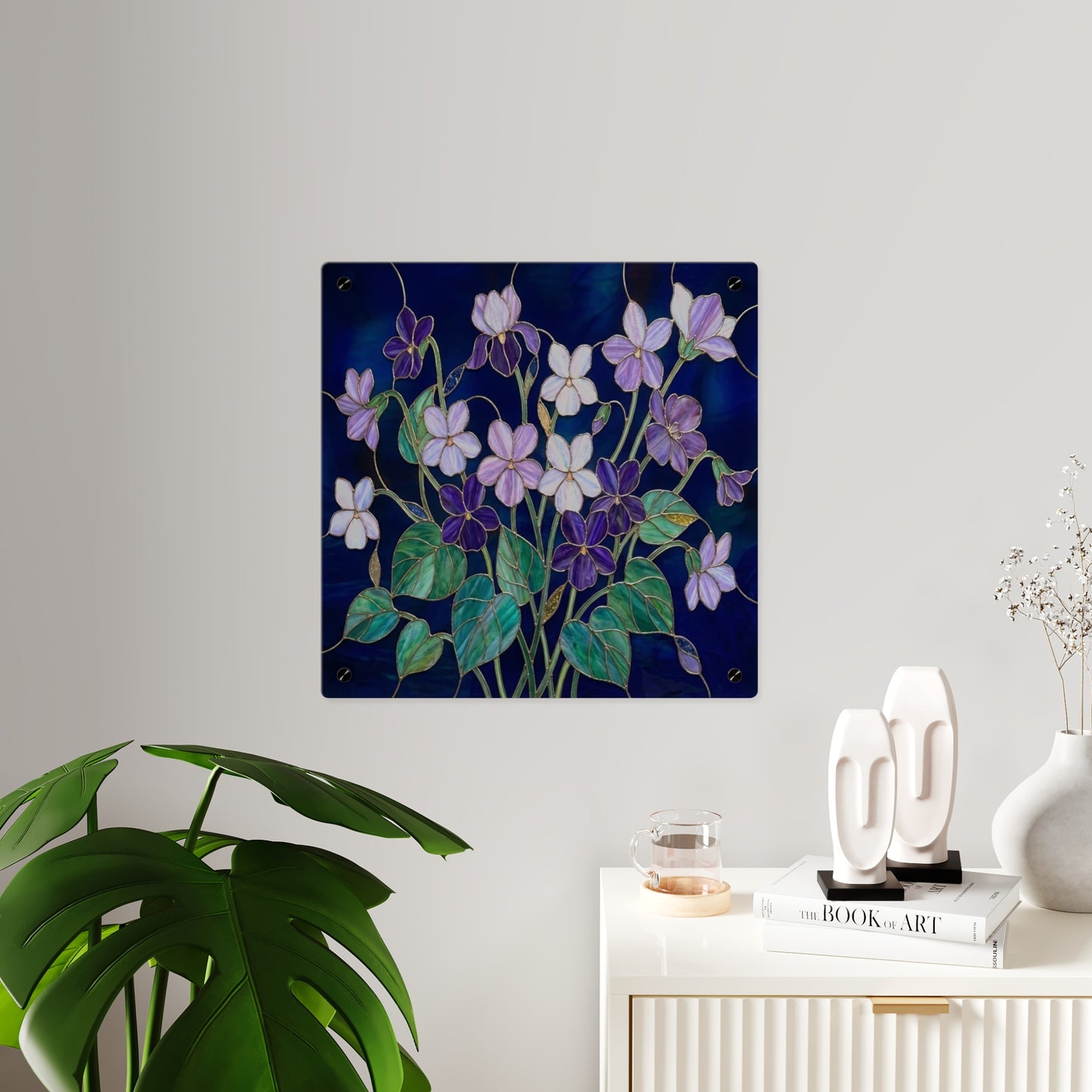 Violet Floral Acrylic Wall Art Panel — Purple Violets on Deep Blue - 14600