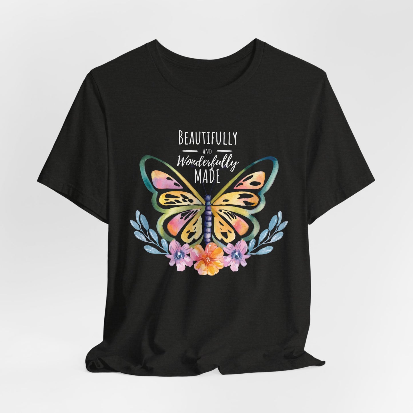 Beautifully & Wonderfully Made Butterfly T-Shirt, Inspirational Floral Graphic Tee - 14954