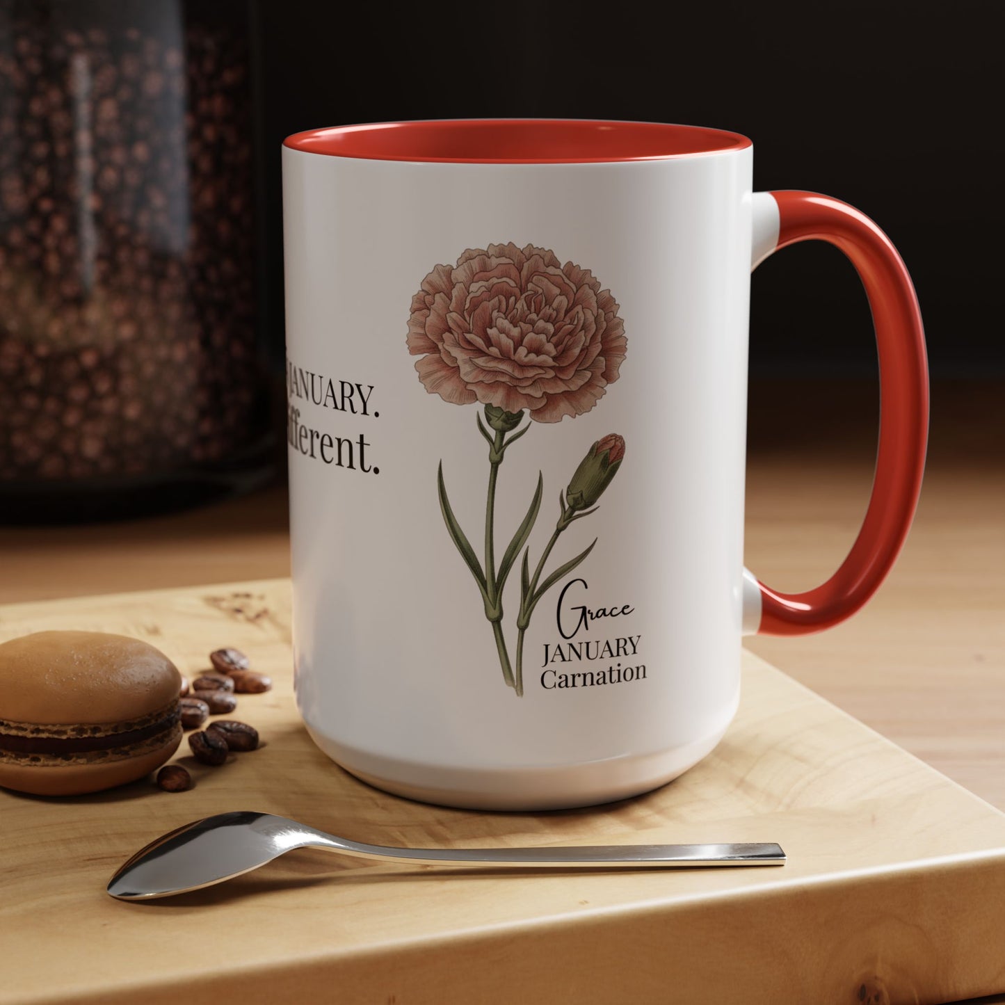 January Carnation Birth Flower Accent Coffee Mug – Customizable (11oz / 15oz) - 14671