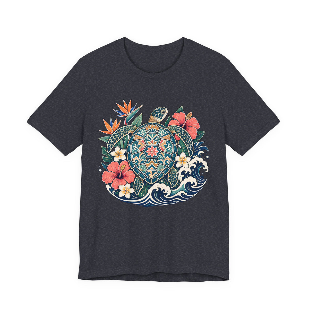 Sea Turtle Floral T-Shirt, Hawaiian Turtle Graphic Tee - 14973