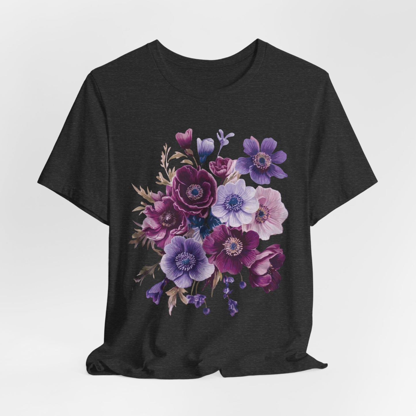 Purple Anemone Bouquet T-Shirt, Watercolor Floral Flower Tee - 14947