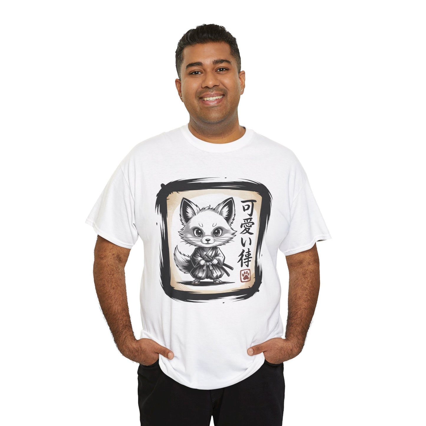 Fox Spirit Tee – Kawaii Fox Samurai with Japanese Calligraphy T-Shirt - 14911