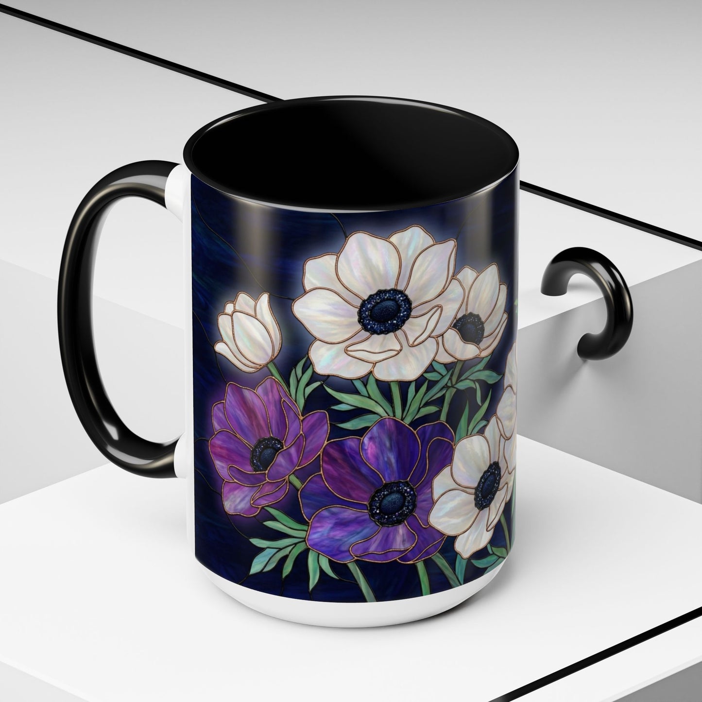 Floral Anemone Accent Coffee Mug — Stained Glass Design 11/15oz - 14552