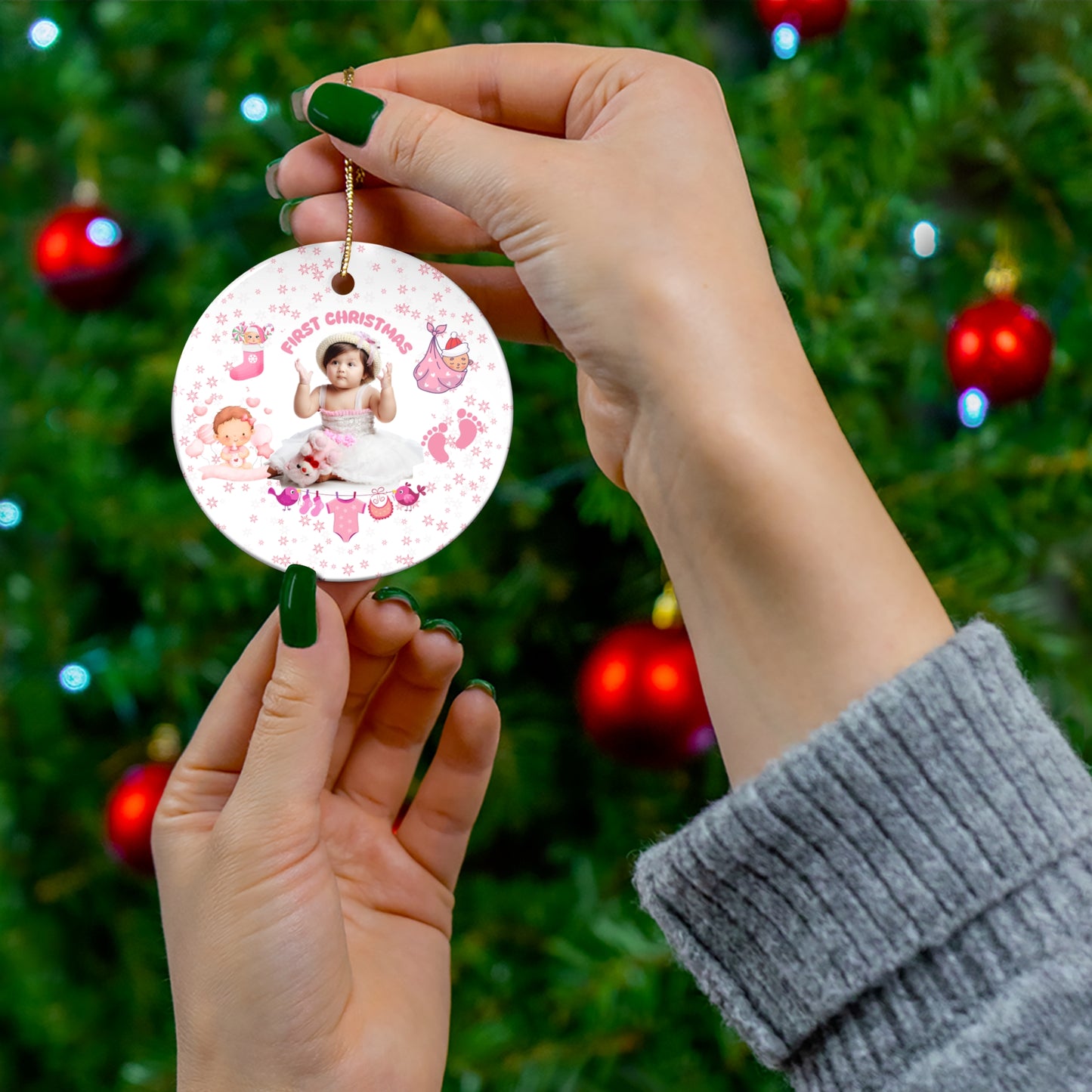 First Christmas, Baby Girl, Customizable  - Ceramic Ornament, 4 Shapes - 10017