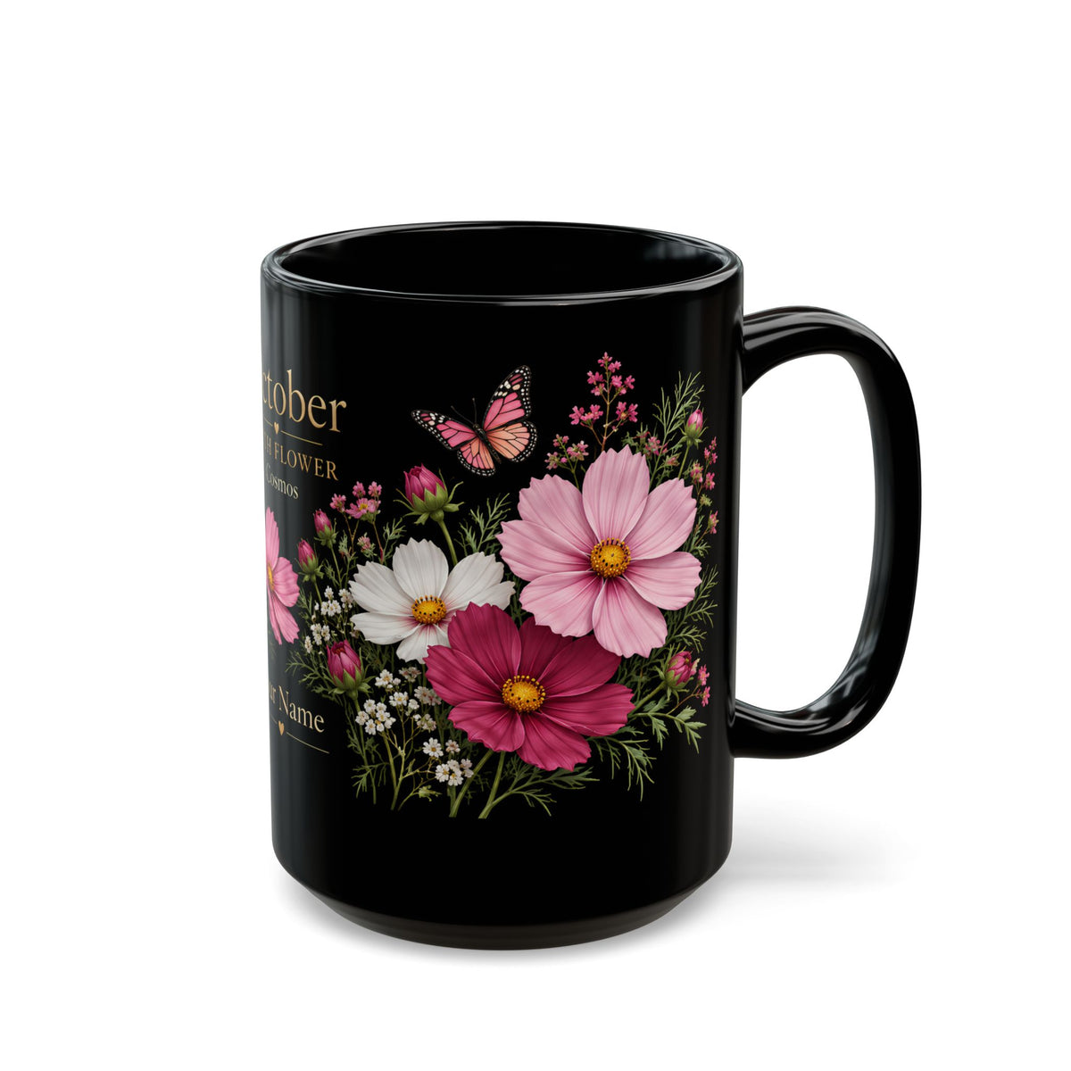 October Birth Flower Mug, Personalized Cosmos Black Coffee Cup - 14980