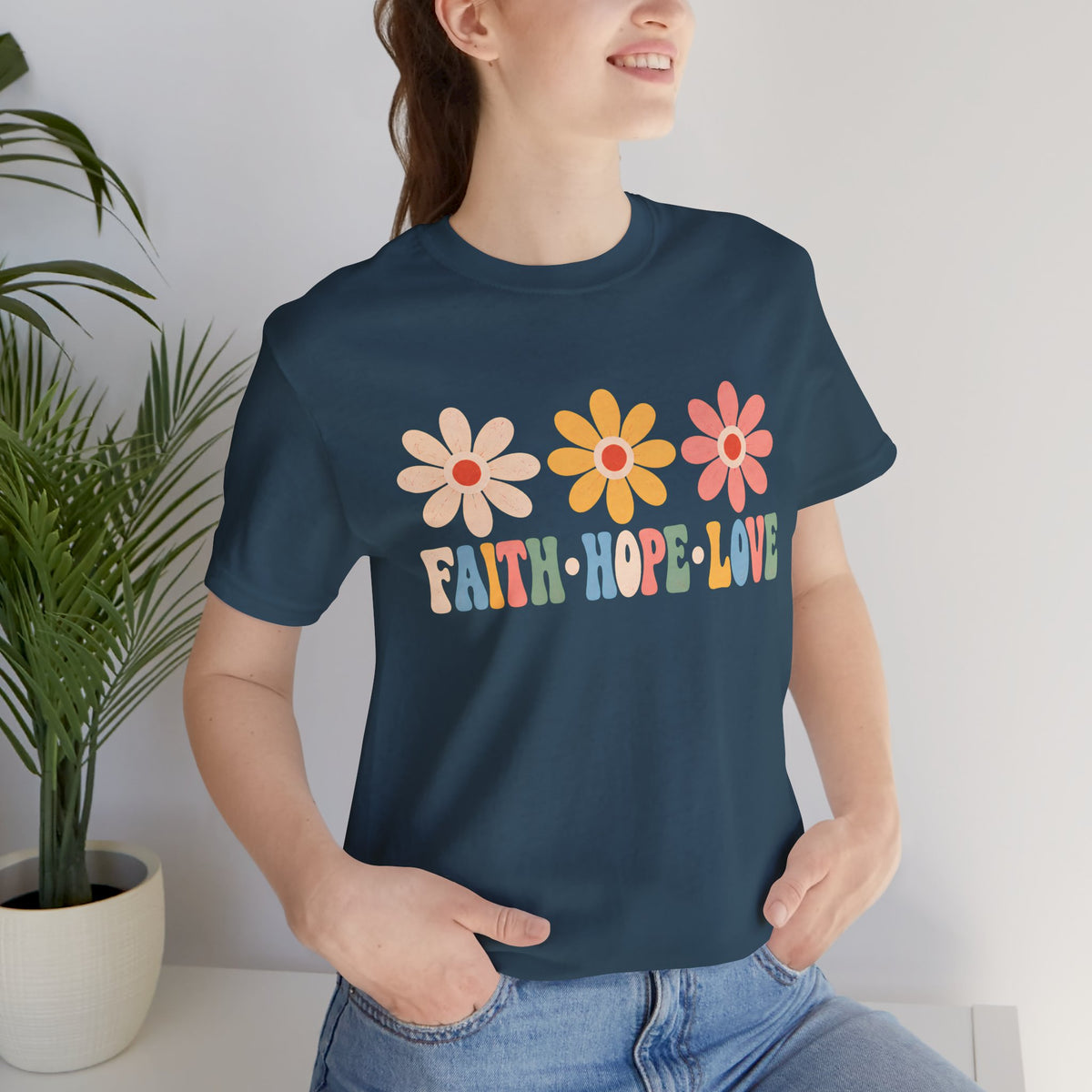Faith Hope Love Floral T-Shirt, Retro Flower Graphic Tee - 14978
