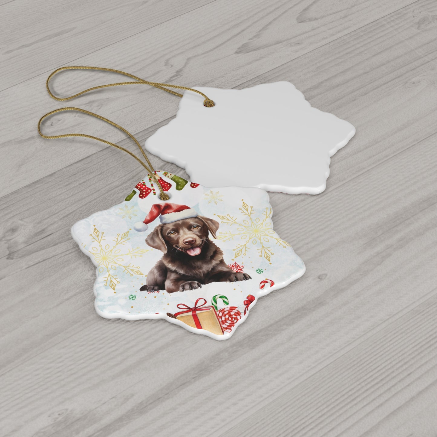 Dog with Christmas Hat - Ceramic Ornament, 4 Shapes