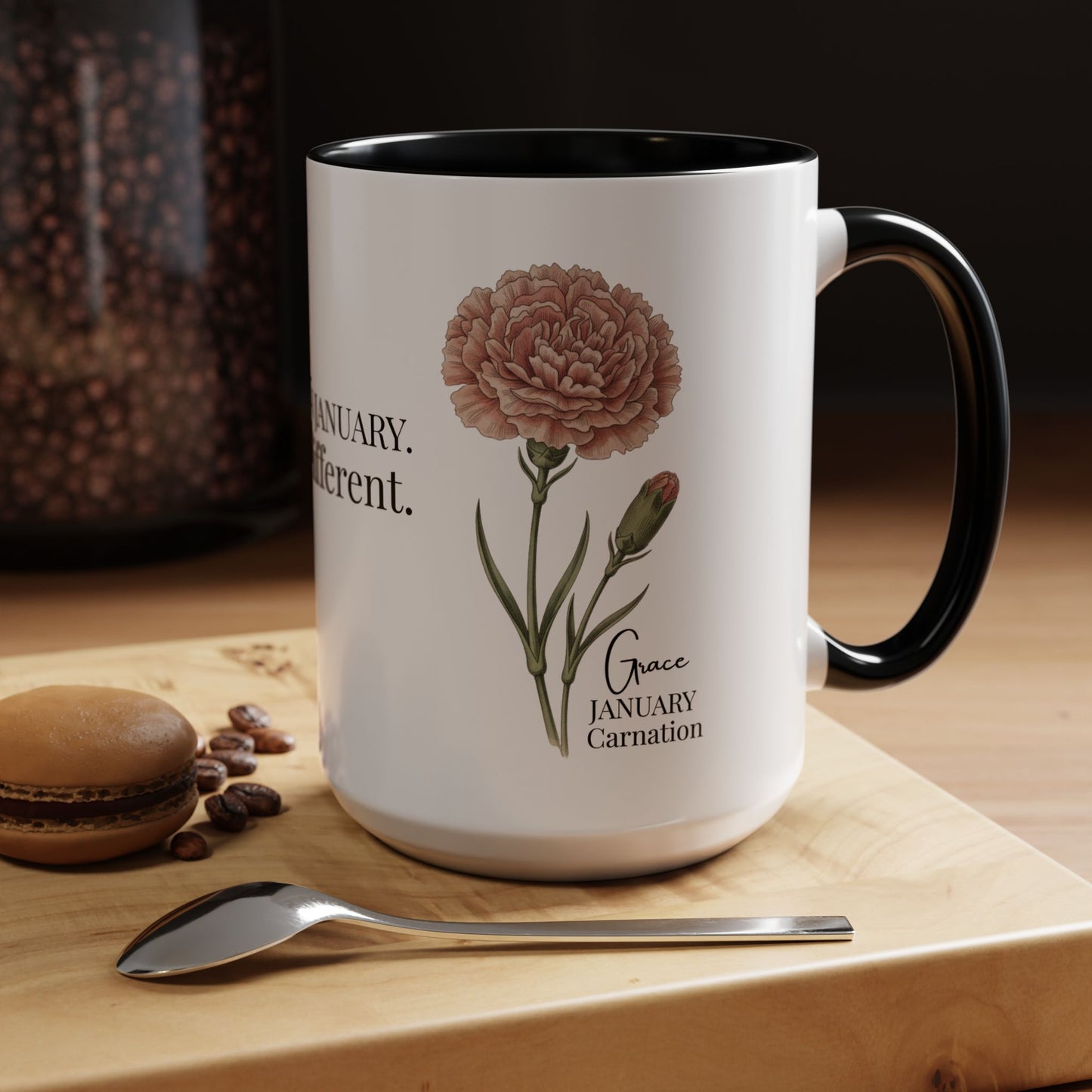 January Carnation Birth Flower Accent Coffee Mug – Customizable (11oz / 15oz) - 14671