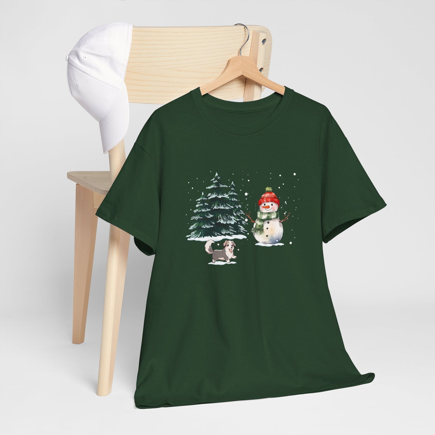 Winter Trees, Snowman & Puppy - Unisex Heavy Cotton Tee - 10278