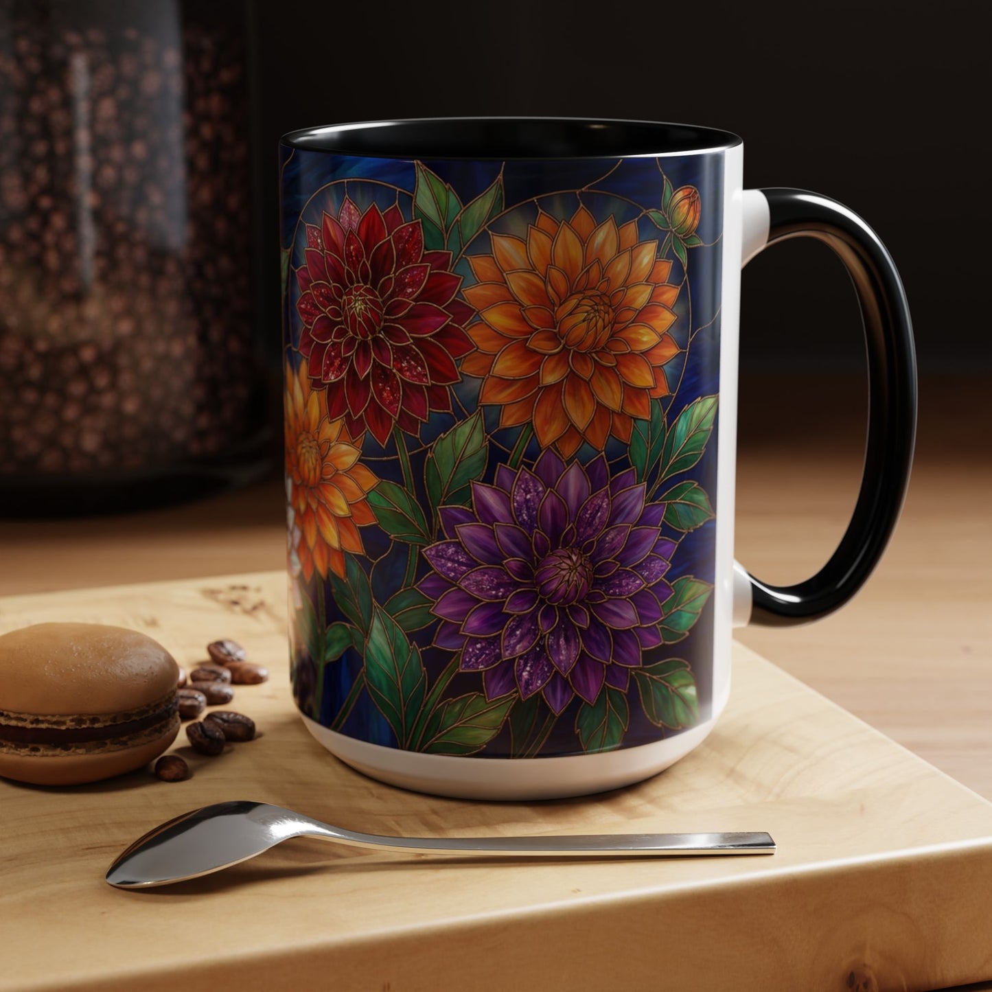 Dahlia Floral Accent Coffee Mug — Stained-Glass  Design (11/15oz) - 14562