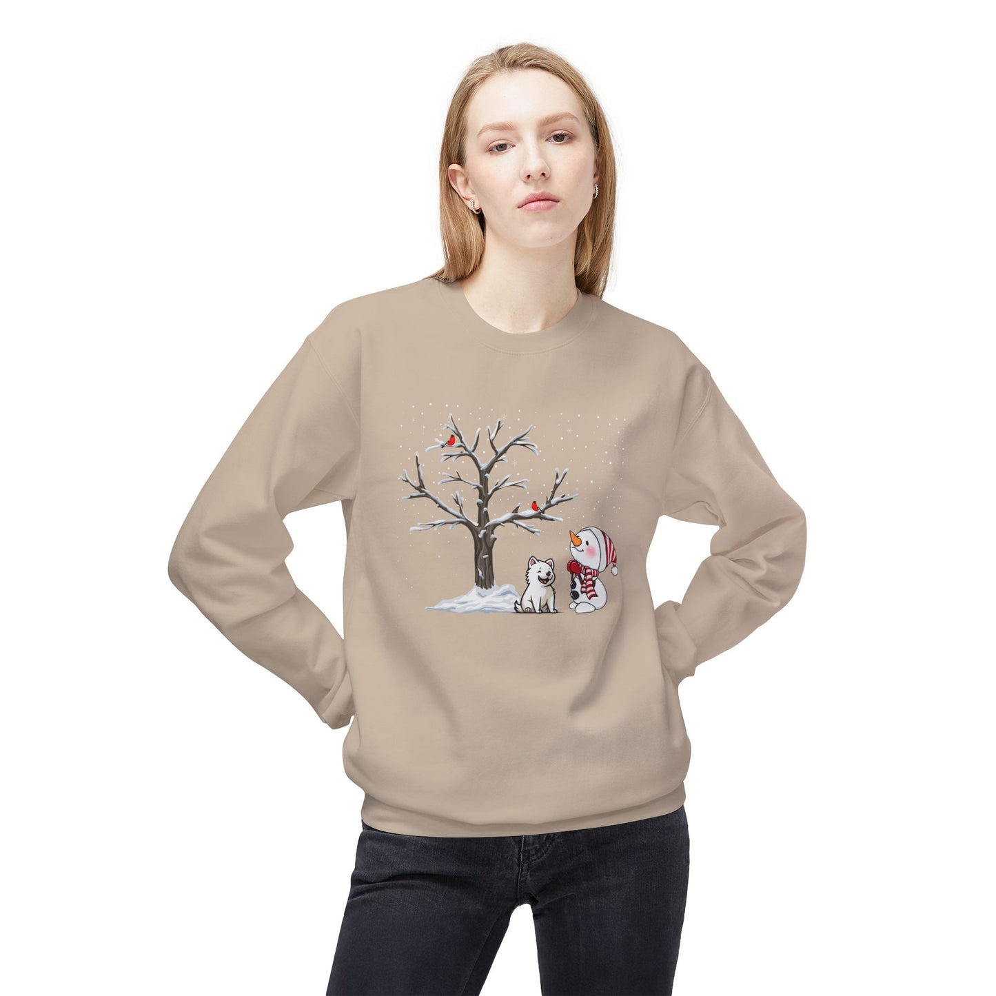 Winter Tree, Snowman & Puppy - Unisex Midweight Softstyle Fleece Crewneck Sweatshirt - 10393