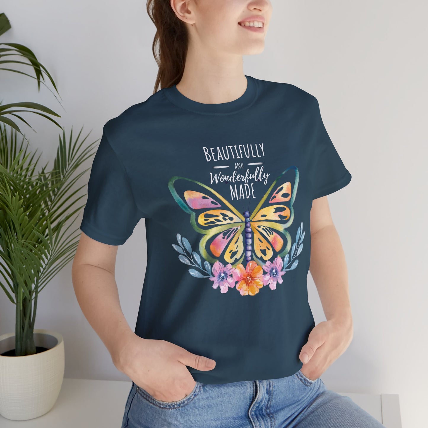 Beautifully & Wonderfully Made Butterfly T-Shirt, Inspirational Floral Graphic Tee - 14954