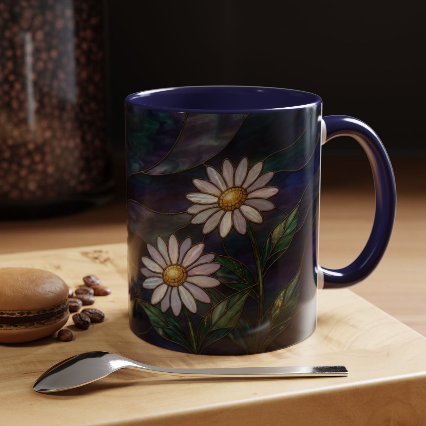 Daisy Stained Glass Accent Coffee Mug — White Daisies on Midnight (11/15oz) - 14535