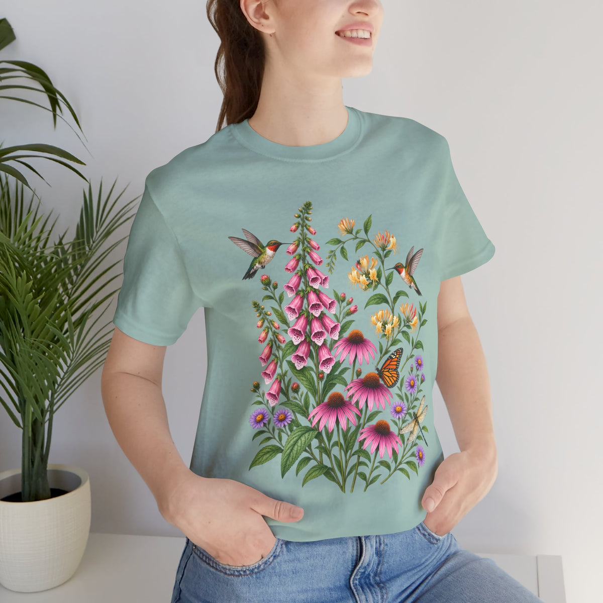 Floral Hummingbird Garden T-Shirt, Wildflower & Butterfly Botanical Tee - 14547