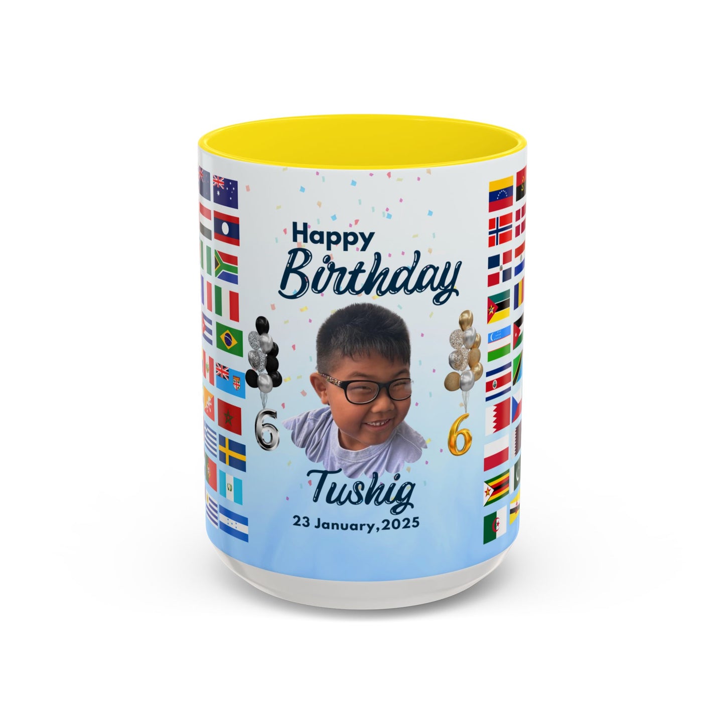 Kids, Happy Birthday, World Flag Fan, Details Customizable - Accent Coffee Mug (11, 15oz) - 11232