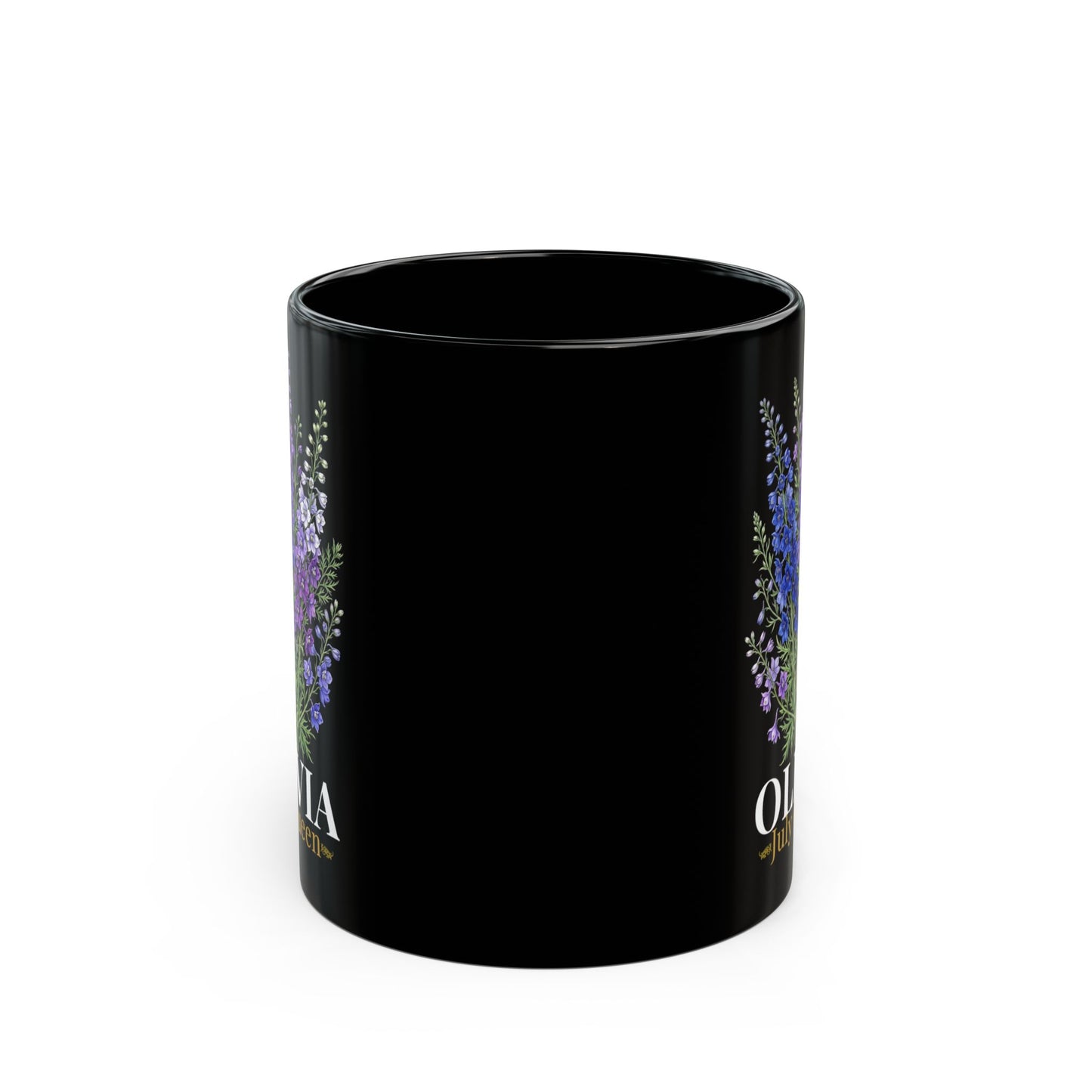 Personalized July Birth Flower Mug – Custom Name Larkspur Floral Coffee Cup, July Queen Gift for Her, Black Mug 11oz 15oz - 14905
