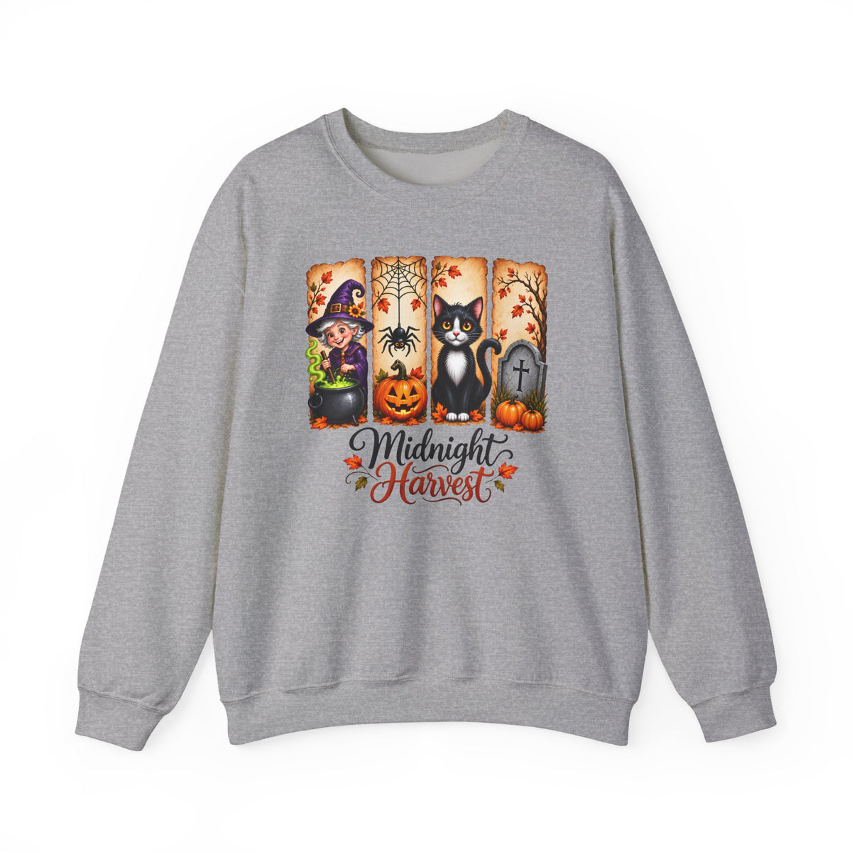 Midnight Harvest Halloween Sweatshirt, Witch, Black Cat, Pumpkins & Spooky Fall Crewneck - 14514